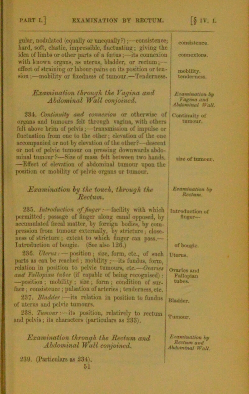 jralar, nodulated (equally or unequally?);—coiisiatence; hard, soft, elastic, impressible, ductnating:; giving the idea of limbs or other parts of a fa-tus;—its eonneiion with known organs, as ntenu, bladder, or rectum;— effect of straining or labour-pains on its position or ten- sion ;—mobility or fixedness of tumour.—Tenderness. consuteoce. cuonexioot. mobiUtj. tendemem. Examitiaiion fhrouqk the Vaffina and i by Abdominal M’all conjoimd. I 234. Contintdiy and connexion or otherwise of ' Continuity of organs and tumours felt through vagina, with others : lunKiur. felt above brim of pelvis;—tran.vmissiun of impulse or ! flnetuation from one to the other; elevation of the one I accompanied or not by elevation of the other?—descent | or not of pelvic tumour on pre.-^iug downwards abdo- . miual tumour?—Size of mass felt between two hands, i §Ue of tumour. —Effect of elevation of abdominal tumour upon the ' position or mobility of pelvic organs or tumour. jLxamiHation hy the touch, through the Rectum. Rectum. 235. Introduction of fingers—facility with which permitted; passage of finger along can^ opposed, by accumulated foral matter, by foreign bodies, by com- pression from tumour externally, by stricture; close- ness of stricture ; extent to which finger can pass,— Introdnction of bougie. (See also 126.) 230. Vierut: — position; size, form, etc., of snch parts as can be rrache<l; mobility ;—its fnndus, form, relation in position to pelvic tumours, etc.—Orariet and Fallopian tube* (if capable of being recognised); —position ; mobility ; size; form ; condition of sur- face ; coiisisteuce; pulsation of arteries ; tendemrss, etc. 287. Bladder I—its relation in position to fimdus of uterus and pelvic tumours. 23S. Tumour;—its position, relatively to rectum and pelvis; its characters <]>articulars as 233). J Intruduelion of of bomde. I l-tsnu. Ovarios and Fallu|ilan tubes. Bladder. Tumour. Examination through the Rectum and Abdominal Wall conjoined. Eramiuotion by Rectum and .Ibdonumti H'aR, 239. (Particulars as 234).