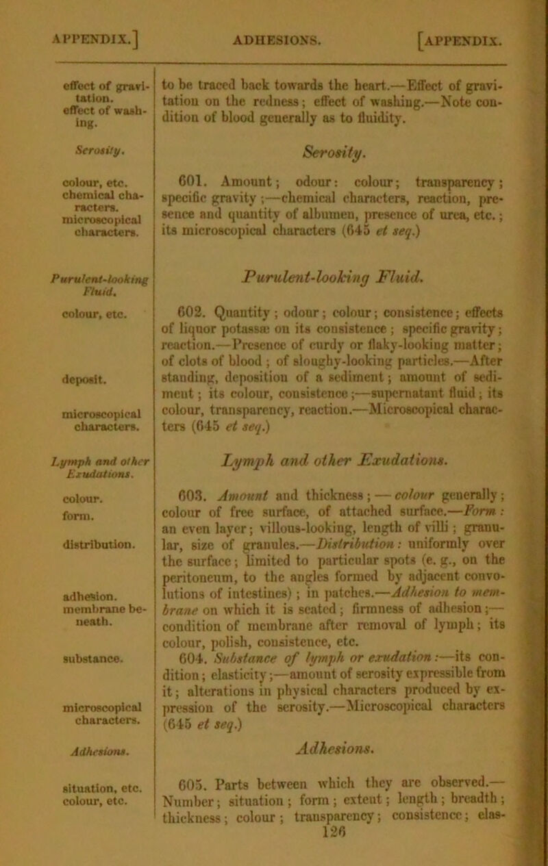 effect of gravi- tation. effect of wa«h- ing. Serotily. colour, etc. chemical cha- racters, microscopical characters. Purulent-looking Fluid, colour, etc. deposit. microscopical characters. Lymph and other Etudationt. colour. form. distribution. adhesion, membrane be- neath. substance. microscopical characters. Adhesions. situation, etc. colour, etc. to be traced back towards the heart.—Effect of gravi- tatiou on the redness; effect of washing.—Note con- dition of blood generally as to flnidity. Serosity. 601. Amount; odour: colour; transparency; specific gravity ;—chemical characters, reaction, pre- sence and quantity of albumen, presence of urea, etc.; its microscopical characters (645 et seq.) Purulent-looking Fluid. 602. Quantity ; odonr; colour; consistence; effects of liquor potassa; on its consistence; specific gravity; reaction.—Presence of curdy or jlaky-looking matter; of clots of blood ; of sloughy-looking particles.—After standing, deposition of a sediment; amount of sedi- ment ; its colour, consistence;—supernatant fluid; its colour, transparency, reaction.—Microscopical charac- ters (645 et aeq.) Lymph and other Exudatiom. 603. Amount and thickness; — colour generally; colour of free surface, of attached surface.—Form ; an even layer; villous-looking, length of \-illi; granu- lar, size of granules.—Distribution : uniformly over the surface; limited to particular spots (e. g., on the peritoneum, to the angles formed by adjacent convo- lutions of intestines); in patches.—Adhesion to mem- brane on which it is seated; firmness of adhesion;— condition of membrane after removal of lymph; its colour, polish, consistence, etc. 604. Substance of lymph or exudation:—its con- dition ; elasticity;—amount of serosity expressible from it; alterations in physical characters produced by ex- pression of the serosity.—Microscopical characters (645 et aeq.) Adhesions, 605. Parts between which they are observed.— Number; situation ; form ; extent; length; breadth; thickness; colour; transparency; consistence; elas-