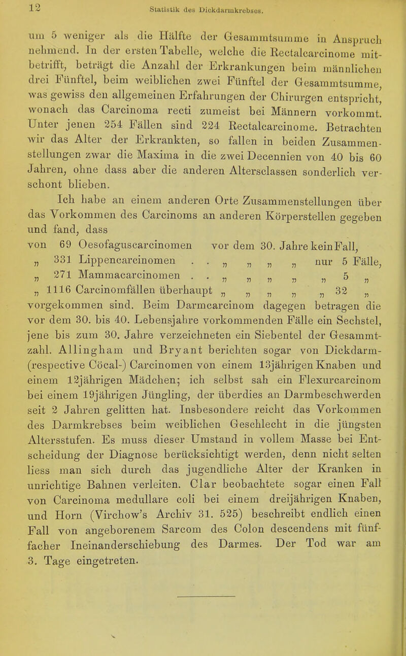 um 5 weniger als die Hälfte der Gesammtsumme in Anspruch nehmend. In der ersten Tabelle, welche die Rectalcarcinome mit- betrifft, beträgt die Anzahl der Erkrankungen beim männlichen di ei L ünftel, beim weiblichen zwei fünftel der Gesammtsumme, was gewiss den allgemeinen Erfahrungen der Chirurgen entspricht, wonach das Carcinoma recti zumeist bei Männern vorkommt. Unter jenen 254 Fällen sind 224 Rectalcarcinome. Betrachten wn das Altei der Erkrankten, so fallen in beiden Zusammen- stellungen zwar die Maxima in die zwei Decennien von 40 bis 60 Jahren, ohne dass aber die anderen Altersclassen sonderlich ver- schont blieben. Ich habe an einem anderen Orte Zusammenstellungen über das Vorkommen des Carcinoms an anderen Körperstellen gegeben und fand, dass von 69 Oesofaguscarcinomen vor dem 30. Jahre kein Fall, » 331 Lippencarcinomen . . „ „ „ „ nur 5 Fälle, „ 271 Mammacarcinomen . . ,, „ n ;J 5 „ 1116 Carcinomfällen überhaupt „ „ „ „ n 32 „ vorgekommen sind. Beim Darmcarcinom dagegen betragen die vor dem 30. bis 40. Lebensjahre vorkommenden Fälle ein Sechstel, jene bis zum 30. Jahre verzeichneten ein Siebentel der Gesammt- zahl. Allingham und Bryant berichten sogar von Dickdarm- (respective Cöcal-) Carcinomen von einem 13jährigen Knaben und einem 12jährigen Mädchen; ich selbst sah ein Flexurcarcinom bei einem 19jährigen Jüngling, der überdies an Darmbeschwerden seit 2 Jahren gelitten hat. Insbesondere reicht das Vorkommen des Darmkrebses beim weiblichen Geschlecht in die jüngsten Altersstufen. Es muss dieser Umstand in vollem Masse bei Ent- scheidung der Diagnose berücksichtigt werden, denn nicht selten liess man sich durch das jugendliche Alter der Kranken in unrichtige Bahnen verleiten. Clar beobachtete sogar einen Fall von Carcinoma medulläre coli bei einem dreijährigen Knaben, und Horn (Vircliow’s Archiv 31. 525) beschreibt endlich einen Fall von angeborenem Sarcom des Colon descendens mit fünf- facher Ineinanderschiebung des Darmes. Der Tod war am 3. Tage eingetreten.