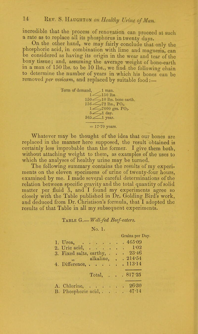 incredible that the process of renovation can proceed at such a rate as to replace all its phosphorus in twenty days. On the other hand, we may fairly conclude that only the phosphoric acid, in combination with lime and magnesia, can be considered as having its origin in the wear and tear of the bony tissue; and, assuming the average weight of bone-earth in a man of 150 lbs. to be 10 lbs., we find the following chain to determine the number of years in which his bones can be removed per vesicam, and replaced by suitable food:— Term of demand, ^1 man. 1^^150 lbs. 150-^^10 lbs. bone earth. 156^^72 lbs., PO5. 1-^^7000 grs. PO5. 5-=i^l daj^ 365 ^^^ 1 year. = 17-70 years. Whatever may be thought of the idea that our bones are replaced in the manner here supposed, the result obtained is certainly less improbable than the former. I give them both, without attaching weight to them, as examples of the uses to which the analyses of healthy urine may be turned. The following summary contains the results of my experi- ments on the eleven specimens of urine of twenty-four hours, examined by me. I made several careful determinations of the relation between specific gravity and the total quantity of solid matter per fluid §, and I found my experiments agree so closely with the Table published in Dr. Golding Bird's work, and deduced from Dr. Christison's formula, that I adopted the results of that Table in all my subsequent experiments. Table G Well-fed Beef-eaters. No. 1. Grains per Day. 1. Urea, 465 09 2. Uric acid, 1-02 3. Fixed salts, earthy, . . . 23-46 „ alkaline, , . 214*54 4. Difference, 113-14 Total, . . . 817-25 A. Chlorine 26-30