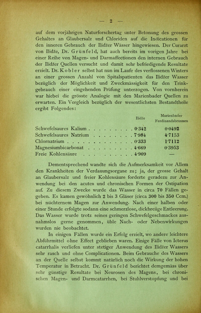 auf dem vorjährigen Naturforschertag- unter Betonung des grossen Gehaltes an Glaubersalz und Chloriden auf die Indicationen für den inneren Gebrauch der IHdier Wässer hingewiesen. Der Curarzt von Ilid^e, Dr. Grünfeld, hat auch bereits im vorigen Jahre bei einer Reihe von Magen- und Darmaffectionen den internen Gebrauch der Ilid^er Quellen versucht und damit sehr befriedigende Resultate erzielt. Dr. K o b 1 e r selbst hat nun im Laufe des verflossenen Winters an einer grossen Anzahl von Spitalspatienten das Ilid^er Wasser bezüglich der Möglichkeit und Zweckmässigkeit für den Trink- gebrauch einer eingehenden Prüfung unterzogen. Von vornherein war hiebei die grösste Analogie mit den Marienbader Quellen zu erwarten. Ein Vergleich bezüglich der wesentlichsten Bestandtheile ergibt Folgendes: Dementsprechend wandte sich die Aufmerksamkeit vor Allem den Krankheiten der Verdauungsorgane zu; ja, der grosse Gehalt an Glaubersalz und freier Kohlensäure forderte geradezu zur An- wendung bei den acuten und chronischen Formen der Ostipation auf. Zu diesem Zwecke wurde das Wasser in circa 70 Fällen ge- geben. Es kamen gewöhnlich 2 bis 3 Gläser (circa 300 bis 350 Ccm.) bei nüchternem Magen zur Anwendung. Nach einer halben oder einer Stunde erfolgte sodann eine schmerzlose, dickbreiige Entleerung. Das Wasser wurde trotz seines geringen Schwefelgeschmackes aus- nahmslos gerne genommen, üble Nach- oder Nebenwirkungen wurden nie beobachtet. In einigen Fällen wurde ein Erfolg erzielt, wo andere leichtere Abführmittel ohne Effect geblieben waren. Einige Fälle von Icterus catarrhalis verliefen unter stetiger Anwendung des Ilid^er Wassers sehr rasch und ohne Complicationen. Beim Gebrauche des Wassers an der Quelle selbst kommt natürlich noch die Wirkung der hohen Temperatur in Betracht. Dr. G r ü n f e 1 d berichtet demgemäss über sehr günstige Resultate bei Neurosen des Magens, bei chroni- schen Magen- und Darmcatarrhen, bei Stuhlverstopfung und bei Ilidze Marienbader Ferdinandsbrunnen Schwefelsaures Kalium . Schwefelsaures Natrium Chlornatrium . . . . . Magnesiumbicarbonat . Freie Kohlensäure . . 0-342 7-984 0-333 4-669 4-909 0- 0492 4-7153 1- 7112 0-3953