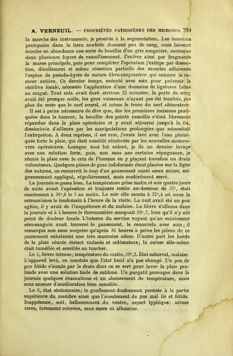 la marche des instruments, je procède à la segmentation. Les incisions pratiquées dans le tissu morbide donnent peu de sang, mais laissent écouler en abondance une sorte de bouillie d'un gris rougeâtre, contenue dans plusieurs foyers de ramollissement. J'enlève ainsi par fragments la masse principale, puis pour compléter l'opération j'extirpe par dissec- tion, décollement et même résection partielle des muscles adhérents l'espèce de pseudo-kyste de nature fibro-conjonctive qui entoure la tu- meur entière. Ce dernier temps, exécuté avec soin pour prévenir la récidive locale, nécessite l'application d'une douzaine de ligatures faites au catgut. Tout cela avait duré environ 25 minutes; la perte de sang avait été presque nulle, les gros vaisseaux n'ayant pas été touchés, pas plus du reste que le nerf crural, et même le tronc du nerf obturateur. Il est à peine nécessaire de dire que, dès les premières incisions prati- quées dans la tumeur, la bouillie des points ramollis s'était librement répandue dans la plaie opératoire et y avait séjourné jusqu'à la fin, disséminée d'ailleurs par les manipulations prolongées que nécessitait l'extirpation. A deux reprises, il est vrai, j'avais lavé avec l'eau phéni- quée forte la plaie, qui était aussitôt réinfectée par les nouvelles manœu- vres opératoires. Lorsque tout fut enlevé, je fis un dernier lavage avec une solution forte, puis, non sans une certaine répugnance, je réunis la plaie avec le crin de Florence en y plaçant toutefois un drain volumineux. Quelques pièces de gaze iodoformée étant placées sur la ligne des sutures, on recouvrit le tout d'un pansement ouaté assez mince, soi- gneusement appliqué, régulièrement, mais modérément serré. La journée se passa bien. La température prise matin et soir quatre jours de suite avant l'opération et toujours restée au-dessous de 37°, était exactement à 36«,6 le 3 au matin. Le soir elle monta à 37^,4 où nous la retrouvâmes le lendemain à l'heure de la visite. La nuit avait été un peu agitée, il y avait de l'inappétence et du malaise. La fièvre s'alluma dans la journée et à 5 heures le thermomètre marquait 39°,2, bien qu'il n'y eût point de douleur locale. L'interne du service voyant qu'un suintement séro-sanguin avait traversé le pansement, le renouvela avec soin ; il remarqua non sans surprise qu'après 36 heures à peine les pièces de ce pansement exhalaient une très mauvaise odeur. D'autre part les bords de la plaie réunie étaient violacés et œdémateux; la cuisse elle-même était tuméfiée et sensible au toucher. Le 5, fièvre intense ; température du matin, 39°,2. État saburral, malaise. L'appareil levé, on constate que l'état local n'a pas changé. Un peu de pus fétide s'écoule par le drain dont on se sert pour laver la plaie pro- fonde avec une solution tiède de sublimé. Un purgatif provoque dans la journée quelques évacuations et un abaissement de température, mais sans amener d'amélioration bien sçnsible. Le 6, état stationnaire ; le gonflement douloureux persiste à la partie supérieure du membre ainsi que l'écoulement de pus mal lié et fétide. Inappétence, soif, ballonnement du ventre, aspect typhique; urines rares, fortement colorées, sans sucre ni albumine.