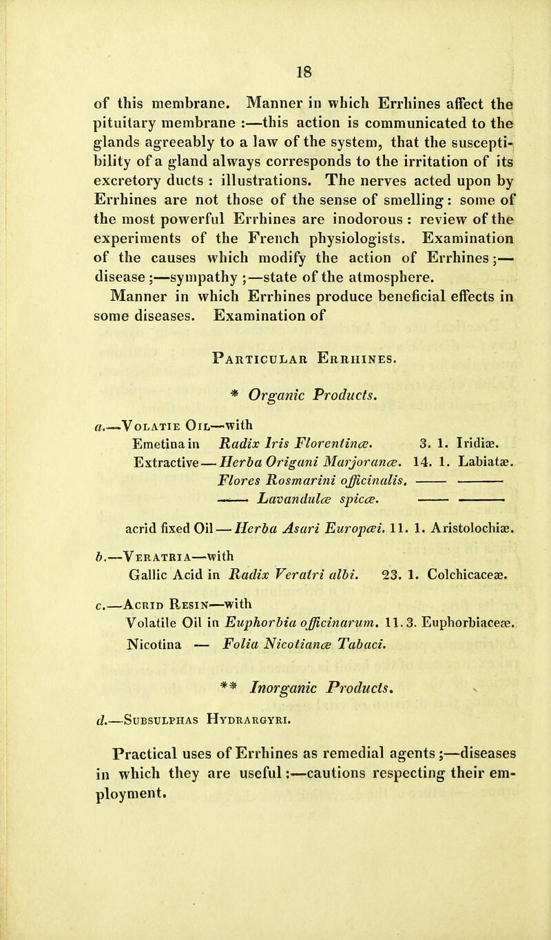 of this membrane. Manner in which Errhines affect the pituitary membrane :—this action is communicated to the glands agreeably to a law of the system, that the suscepti- bility of a gland always corresponds to the irritation of its excretory ducts : illustrations. The nerves acted upon by Errhines are not those of the sense of smelling: some of the most powerful Errhines are inodorous : review of the experiments of the French physiologists. Examination of the causes which modify the action of Errhines;— disease ;—sympathy ;—state of the atmosphere. Manner in which Errhines produce beneficial effects in some diseases. Examination of Particular Errhines. * Organic Products. a. —VoLATiE Oil—with Emetinain Radix Iris Florentines. 3.1. Iridije. Extractive — HerbaOrigani Marjorance. 14. 1. Labiatae. Flores Rosmarini officinalis, —— Lavandulce spicce. acrid fixed Oil — Herba Asari Europcei. 11.1. Aristolochiae. b. —Ver ATRIA—with Gallic Acid in Radix Veratri albi. 23. 1. Colchicaceae. c. —Acrid Resin—with Volatile Oil in Euphorbia officinarum. 11.3. Euphorbiacese. Nicotina — Folia Nicotiance Tabaci. ** Inorganic Products. d. —SuBSUiPHAS Hydrargyri. Practical uses of Errhines as remedial agents;—diseases in which they are useful:—cautions respecting their em- ployment.