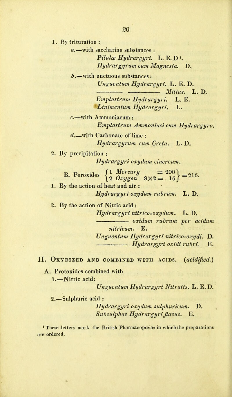1. By trituration : a. —with saccharine substances : Pilulce Hydrargyri. L. E. D Hydrargyrum cum Magnesia. D. b. —with unctuous substances: Unguentum Hydrargyri. L. E. D. . Mitius. L. D. Emplastrum Hydrargyri. L. E. ^Linimentum Hydrargyri. L. c. —with Ammoniacum : Emplastrum Ammoniuci cum Hydrargyro. d. —with Carbonate of lime : Hydrargyrum cum Creta. L. D. 2. By precipitation : Hydrargyri oxydum cinereum. B. Peroxides {i f''^'^ = =216. \2 Oxygen 8X2= 16/ 1. By the action of heat and air : Hydrargyri oxydum rubrum. L. D. 2. By the action of Nitric acid : Hydrargyri nitrico.oxydum. L. D. oxidum rubrum per acidum nitricum. E. Unguentum Hydrargyri nitrico-oxydi. D. Hydrargyri oxidi rubric E. II. OXYDIZED AND COMBINED WITH ACIDS. {acidified.) A. Protoxides combined with 1. —Nitric acid: Unguentum Hydrargyri Nitratis. L. E. D. 2. —Sulphuric acid : Hydrargyri oxydum sulphuricum. D. Subsulphas Hydrargyrifiavus. E. • These letters mark the British Pharmacopoeias in which the preparations are ordered.