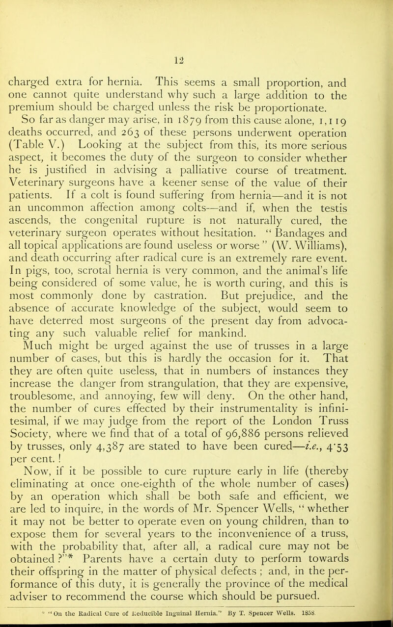 VI charged extra for hernia. This seems a small proportion, and one cannot quite understand why such a large addition to the premium should be charged unless the risk be proportionate. So far as danger may arise, in 1879 from this cause alone, 1,119 deaths occurred, and 263 of these persons underwent operation (Table V.) Looking at the subject from this, its more serious aspect, it becomes the duty of the surgeon to consider whether he is justified in advising a palliative course of treatment. Veterinary surgeons have a keener sense of the value of their patients. If a colt is found suffering from hernia—and it is not an uncommon affection among colts—and if, when the testis ascends, the congenital rupture is not naturally cured, the veterinary surgeon operates without hesitation.  Bandages and all topical applications are found useless or worse  (W. Williams), and death occurring after radical cure is an extremely rare event. In pigs, too, scrotal hernia is very common, and the animal's life being considered of some value, he is worth curing, and this is most commonly done by castration. But prejudice, and the absence of accurate knowledge of the subject, would seem to have deterred most surgeons of the present day from advoca- ting any such valuable relief for mankind. Much might be urged against the use of trusses in a large number of cases, but this is hardly the occasion for it. That they are often quite useless, that in numbers of instances they increase the danger from strangulation, that they are expensive, troublesome, and annoying, few will deny. On the other hand, the number of cures effected by their instrumentality is infini- tesimal, if we may judge from the report of the London Truss Society, where we find that of a total of 96,886 persons relieved by trusses, only 4,387 are stated to have been cured—i.e., 453 per cent. ! Now, if it be possible to cure rupture early in life (thereby eliminating at once one-eighth of the whole number of cases) by an operation which shall be both safe and efficient, we are led to inquire, in the words of Mr. Spencer Wells, whether it may not be better to operate even on young children, than to expose them for several years to the inconvenience of a truss, with the probability that, after all, a radical cure may not be obtained ?* Parents have a certain duty to perform towards their offspring in the matter of physical defects ; and, in the per- formance of this duty, it is generally the province of the medical adviser to recommend the course which should be pursued. ■ Oil the Kadical Cure of l;educible Inguinal Hernia. By T. Speucer Wells. 1S5S.