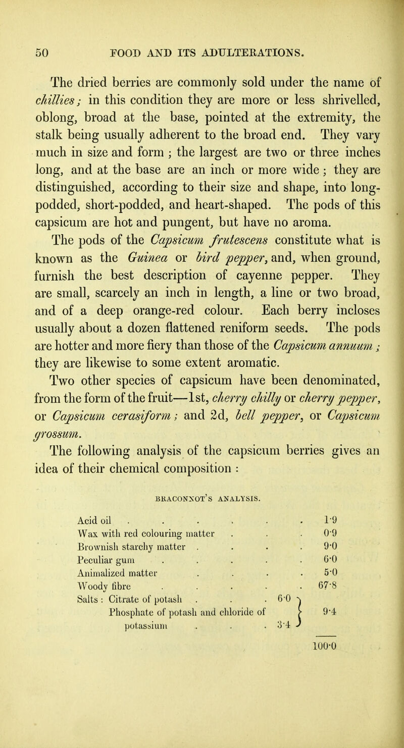 The dried berries are commonly sold under the name of chillies; in this condition they are more or less shrivelled, oblong, broad at the base, pointed at the extremity, the stalk being usually adherent to the broad end. They vary much in size and form ; the largest are two or three inches long, and at the base are an inch or more wide ; they are distinguished, according to their size and shape, into long- podded, short-podded, and heart-shaped. The pods of this capsicum are hot and pungent, but have no aroma. The pods of the Capsicum fmtescens constitute what is known as the Guinea or hird pepper, and, when ground, furnish the best description of cayenne pepper. They are small, scarcely an inch in length, a line or two broad, and of a deep orange-red colour. Each berry incloses usually about a dozen flattened reniform seeds. The pods are hotter and more fiery than those of the Capsicum annuum; they are likewise to some extent aromatic. Two other species of capsicum have been denominated, from the form of the fruit—1st, cherry chilly or cherry pepper, or Capsicum cerasiform; and 2d, hell pepper^ or Capsicum grossuin. The following analysis of the capsicum berries gives an idea of their chemical composition : buaconxot's analysis. Acid oil 1-9 Wax with red colouring matter . . . 0*9 Brownish starchy matter . . . . 9*0 Peculiar gum . . . . . 6'0 Animalized matter . . . .5-0 Woody fibre ..... 67-8 Salts : Citrate of potash . . . 6*0 ^ Phosphate of potash and chloride of > 9-4 potassium . . , 3'4 100-0