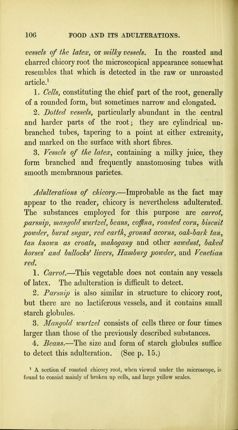 vessels of the latex, or milJc^ vessels. In the roasted and charred chicory root the microscopical appearance somewhat resembles that which is detected in the raw or unroasted article/ 1. Cells, constituting the chief part of the root, generally of a rounded form, but sometimes narrow and elongated. 2. Dotted vessels, particularly abundant in the central and harder parts of the root; they are cylindrical un- branched tubes, tapering to a point at either extremity, and marked on the surface with short fibres. 3. Vessels of the latex, containing a milky juice, they form branched and frequently anastomosing tubes with smooth membranous parietes. Adulterations of chicory.—Improbable as the fact may appear to the reader, chicory is nevertheless adulterated. The substances employed for this purpose are carrot, parsnip, mangold wurtzel, beans, coffina, roasted corn, biscuit powder, burnt sugar, red earth, ground acorns, oah-barh tan, tan known as Croats, mahogany and other sawdust, bahed horses and bullocks' livers, Hamburg powder, and Venetian red, 1. Carrot,—This vegetable does not contain any vessels of latex. The adulteration is difficult to detect. 2. Parsnip is also similar in structure to chicory root, but there are no lactiferous vessels, and it contains small starch globules. 3. Mangold wurtzel consists of cells three or four times larger than those of the previously described substances. 4. Beans.—The size and form of starch globules suffice to detect this adulteration. (See p. 15.) * A section of roasted chicory root, when viewed under the microscope, is found to consist mainly of broken up cells, and large yellow scales.