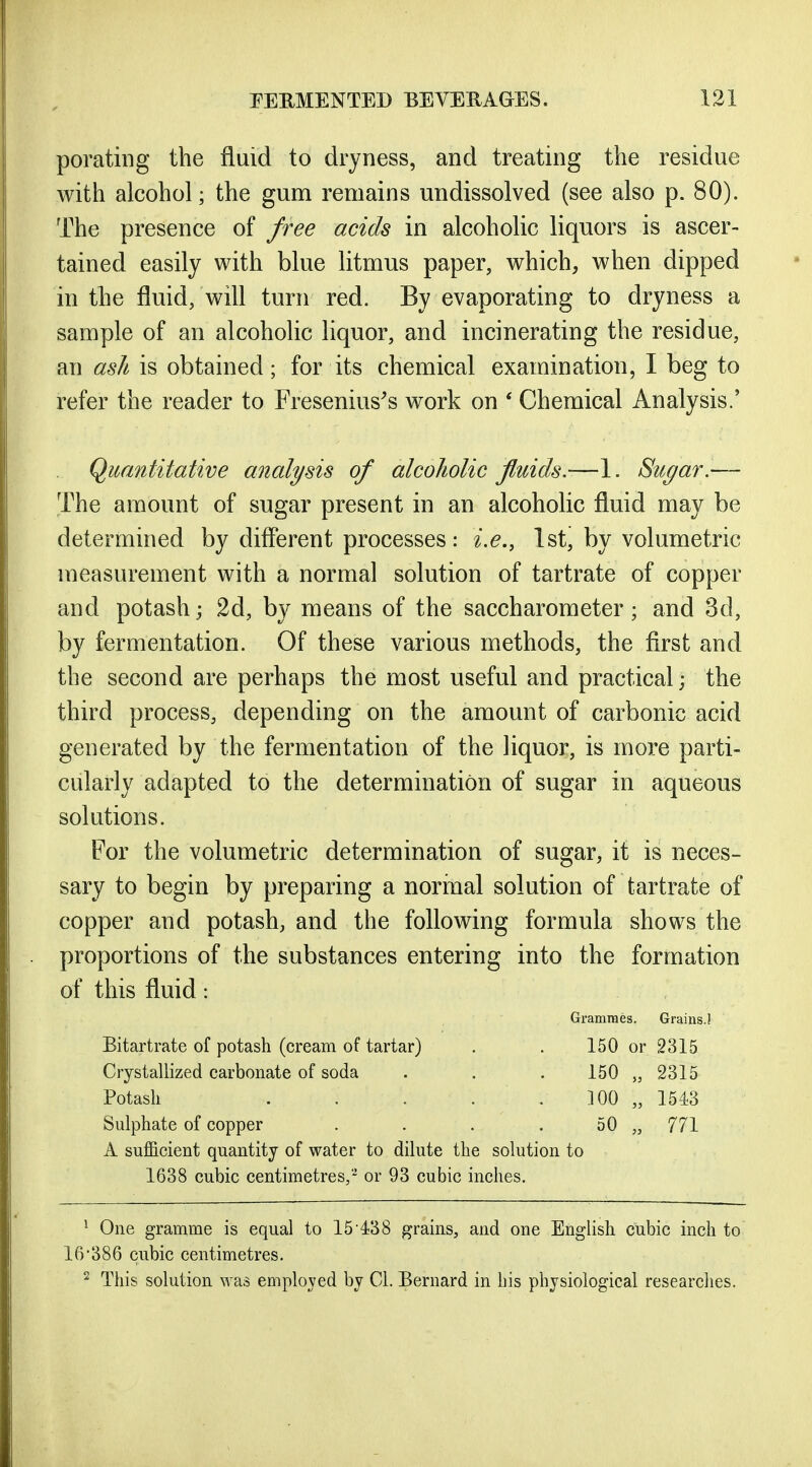 porating the fluid to dryness, and treating the residue with alcohol; the gum remains undissolved (see also p. 80). The presence of free acids in alcoholic liquors is ascer- tained easily with blue litmus paper, which, when dipped in the fluid, wiU turn red. By evaporating to dryness a sample of an alcoholic liquor, and incinerating the residue, an ash is obtained; for its chemical examination, I beg to refer the reader to Fresenius's work on * Chemical Analysis.' Quantitative analysis of alcoholic fluids.—1. Sugar.— The amount of sugar present in an alcoholic fluid may be determined by different processes: i.e., 1st, by volumetric measurement with a normal solution of tartrate of copper and potash; 2d, by means of the saccharometer; and 3d, by fermentation. Of these various methods, the first and the second are perhaps the most useful and practical; the third process, depending on the amount of carbonic acid generated by the fermentation of the liquor, is more parti- cularly adapted to the determination of sugar in aqueous solutions. For the volumetric determination of sugar, it is neces- sary to begin by preparing a normal solution of tartrate of copper and potash, and the following formula shows the proportions of the substances entering into the formation of this fluid: Grammes. Grains.! Bitartrate of potash (cream of tartar) . . 150 or 2315 Crystallized carbonate of soda . . . 150 „ 2315 Potash . . . . . 100 „ 1543 Sulphate of copper . . . . 50 „ 771 A sufficient quantity of water to dilute the solution to 1638 cubic centimetres,'* or 93 cubic inches. ' One gramme is equal to 15 438 grains, and one English cubic inch to 16*386 cubic centimetres. ^ This solution was employed by CI. Bernard in his physiological researches.