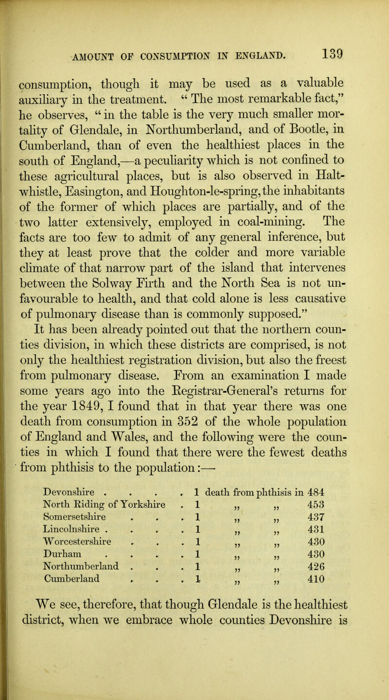 consumption, though it may be used as a valuable auxiliary in the treatment.  The most remarkable fact, he observes,  in the table is the very much smaller mor- tahty of Glendale, in JSTorthumberland, and of Bootle, in Cumberland, than of even the healthiest places in the south of England,—a peculiarity which is not confined to these agricultural places, but is also observed in Halt- whistle, Easington, and Houghton-le-spring, the inhabitants of the former of which places are partially, and of the two latter extensively, employed in coal-mining. The facts are too few to admit of any general inference, but they at least prove that the colder and more variable chmate of that narrow part of the island that intervenes between the Solway Firth and the North Sea is not un- favourable to health, and that cold alone is less causative of pulmonary disease than is commonly supposed. It has been akeady pointed out that the northern coun- ties division, in which these districts are comprised, is not only the healthiest registration division, but also the freest from pulmonary disease. From an examination I made some years ago into the Eegistrar-General's returns for the year 1849, I found that in that year there was one death from consumption in 352 of the whole population of England and Wales, and the following were the coun- ties in which I found that there were the fewest deaths from phthisis to the population:—• Devonshire . . . . 1 death from phthisis in 484 North Riding of Yorkshire .1 „ 453 Somersetshire Lincolnshire . Worcestershire Durham Nor thumb erland Cumberland 1 „ „ 437 1 „ „ 431 1 „ „ 430 1 „ „ 430 1 „ „ 426 1 „ „ 410 We see, therefore, that though Glendale is the healthiest district, when we embrace whole counties Devonshire is