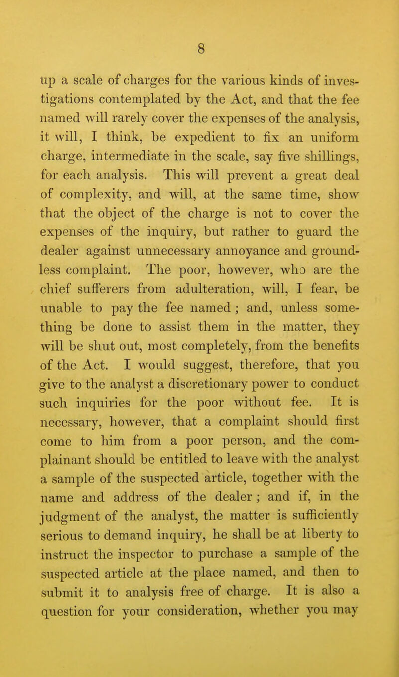 up a scale of charges for the various kinds of inves- tigations contemplated by the Act, and that the fee named will rarely cover the expenses of the analysis, it will, I think, be expedient to fix an uniform charge, intermediate in the scale, say five shillings, for each analysis. This will prevent a great deal of complexity, and will, at the same time, show that the object of the charge is not to cover the expenses of the inquiry, but rather to guard the dealer against unnecessary annoyance and ground- less complaint. The poor, however, who are the chief sufferers from adulteration, will, I fear, be unable to pay the fee named ; and, unless some- thing be done to assist them in the matter, they will be shut out, most completely, from the benefits of the Act. I would suggest, therefore, that you give to the analyst a discretionary power to conduct such inquiries for the poor without fee. It is necessary, however, that a complaint should first come to him from a poor person, and the com- plainant should be entitled to leave with the analyst a sample of the suspected article, together with the name and address of the dealer ; and if, in the judgment of the analyst, the matter is sufficiently serious to demand inquiry, he shall be at liberty to instruct the inspector to purchase a sample of the suspected article at the place named, and then to submit it to analysis free of charge. It is also a question for your consideration, whether you may