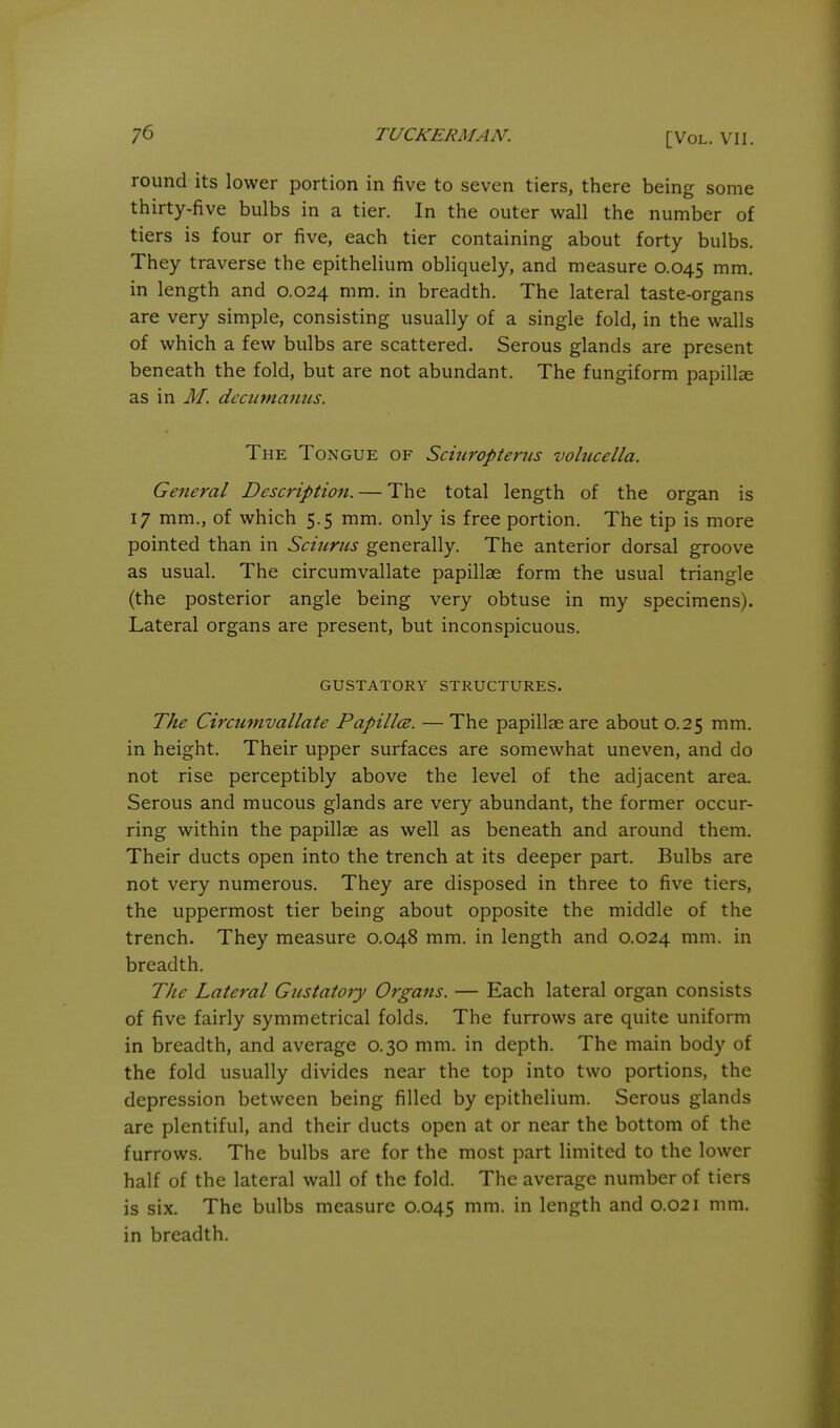 round its lower portion in five to seven tiers, there being some thirty-five bulbs in a tier. In the outer wall the number of tiers is four or five, each tier containing about forty bulbs. They traverse the epithelium obliquely, and measure 0.045 mm. in length and 0.024 mm. in breadth. The lateral taste-organs are very simple, consisting usually of a single fold, in the walls of which a few bulbs are scattered. Serous glands are present beneath the fold, but are not abundant. The fungiform papillce as in M. decitmamis. The Tongue of Sciuropterns volucella. Getieral Description. — The total length of the organ is 17 mm., of which 5.5 mm. only is free portion. The tip is more pointed than in Scitiriis generally. The anterior dorsal groove as usual. The circumvallate papillae form the usual triangle (the posterior angle being very obtuse in my specimens). Lateral organs are present, but inconspicuous. GUSTATORY STRUCTURES. The Circumvallate Papillce. — The papillae are about 0.25 mm. in height. Their upper surfaces are somewhat uneven, and do not rise perceptibly above the level of the adjacent area. Serous and mucous glands are very abundant, the former occur- ring within the papillae as well as beneath and around them. Their ducts open into the trench at its deeper part. Bulbs are not very numerous. They are disposed in three to five tiers, the uppermost tier being about opposite the middle of the trench. They measure 0.048 mm. in length and 0.024 mm. in breadth. The Lateral Gustatory Organs. — Each lateral organ consists of five fairly symmetrical folds. The furrows are quite uniform in breadth, and average 0.30 mm. in depth. The main body of the fold usually divides near the top into two portions, the depression between being filled by epithelium. Serous glands are plentiful, and their ducts open at or near the bottom of the furrows. The bulbs are for the most part limited to the lower half of the lateral wall of the fold. The average number of tiers is six. The bulbs measure 0.045 mm. in length and 0.021 mm. in breadth.