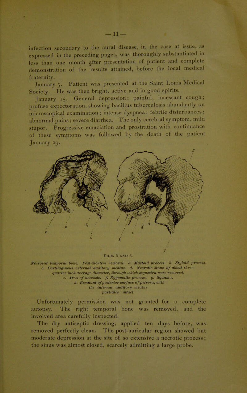 —11 — infection secondary to the- aural disease, in the case at issue, as expressed in the preceding pages, was thoroughly substantiated in less than one month after presentation of patient and complete demonstration of the results attained, before the local medical fraternity. January S- Patient was presented at the Saint Louis Medical Society. He was then bright, active and in good spirit-. January 15. General depression; painful, incessant cough; profuse expectoration, show ing bacillus tuberculosis abundantly on microscopical examination ; intense dyspnea ; febrile disturbances ; abnormal pains ; severe diarrhea. The only cerebral symptom, mild stupor. Progressive emaciation and prostration with continuance Figs. 5 and 6. Necrosed temporal bone. Post-mortem removal, a. Mastoid process, b. Styloid process, c. Cartilaginous external auditory meatus, d. Necrotic sinus of about three- quarter inch average diameter, through which sequestra were removed, e. Area of necrosis, f. Zygomatic process, g. Squama, h. Remnant of posterior surface of petrosa, with the internal auditory ini'iitiia partially intact. Unfortunately permission was not granted for a complete autopsy. The right temporal bone was removed, and the involved area carefully inspected. The dry antiseptic dressing, applied ten days before, was removed perfectly clean. The post-auricular region showed but moderate depression at the site of so extensive a necrotic process; the sinus was almost closed, scarcely admitting a large probe.