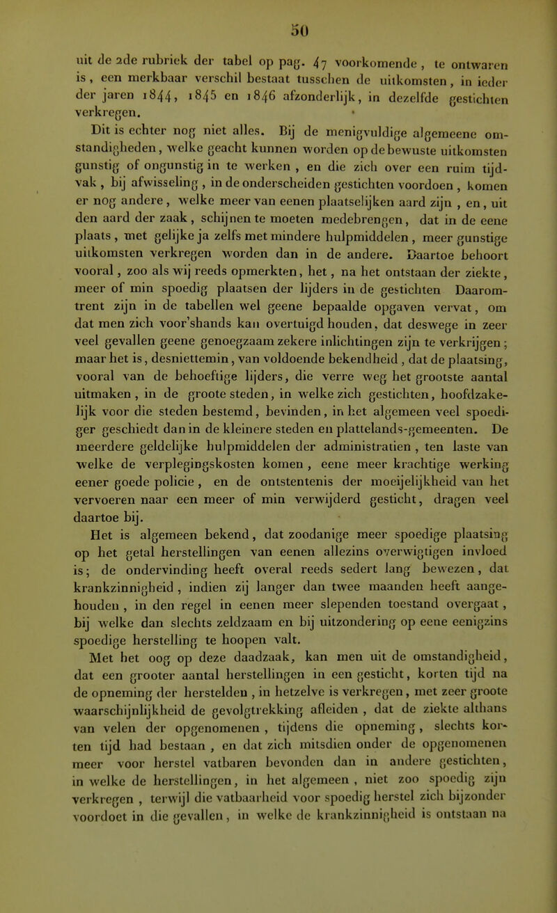 uit de 2de rubriek der tabel op pag. 47 voorkomende , te ontwaren is , een merkbaar verschil bestaat tusschen de uitkomsten, in ieder der jaren 1844, 1845 en 1846 afzonderlijk, in dezelfde gestichten verkregen. • Dit is echter nog niet alles. Bij de menigvuldige algemeene om- standigheden, welke geacht kunnen worden op de bewuste uitkomsten gunstig of ongunstig in te werken , en die zich over een ruim tijd- vak , bij afwissehng , in de onderscheiden gestichten voordoen , komen er nog andere, welke meer van eenen plaatselijken aard zijn , en, uit den aard der zaak, schijnen te moeten medebrengen, dat in de eene plaats , met gelijke ja zelfs met mindere hulpmiddelen , meer gunstige uitkomsten verkregen worden dan in de andere. Daartoe behoort vooral, zoo als wij reeds opmerkten, het, na het ontstaan der ziekte, meer of min spoedig plaatsen der lijders in de gestichten Daarom- trent zijn in de tabellen wel geene bepaalde opgaven vervat, om dat men zich voor'shands kan overtuigd houden, dat deswege in zeer veel gevallen geene genoegzaam zekere inlichtingen zijn te verkrijgen; maar het is, desniettemin, van voldoende bekendheid , dat de plaatsing, vooral van de behoeftige lijders, die verre weg het grootste aantal uitmaken, in de groote steden, in welke zich gestichten, hoofdzake- lijk voor die steden bestemd, bevinden, in het algemeen veel spoedi- ger geschiedt dan in de kleinere steden en plattelands-gemeenten. De meerdere geldelijke hulpmiddelen der administratien , ten laste van welke de verplegingskosten komen , eene meer krachtige werking eener goede policie , en de ontstentenis der moeijelijkheid van het vervoeren naar een meer of min verwijderd gesticht, dragen veel daartoe bij. Het is algemeen bekend, dat zoodanige meer spoedige plaatsing op het getal herstellingen van eenen allezins overwigtigen invloed is; de ondervinding heeft overal reeds sedert lang bewezen, dat krankzinnigheid , indien zij langer dan twee maanden heeft aange- houden , in den regel in eenen meer slependen toestand overgaat, bij welke dan slechts zeldzaam en bij uitzondering op eene eenigzins spoedige herstelling te hoopen valt. Met het oog op deze daadzaak, kan men uit de omstandigheid, dat een grooter aantal herstellingen in een gesticht, korten tijd na de opneming der herstelden , in hetzelve is verkregen, met zeer groote waarschijnlijkheid de gevolgtrekking afleiden , dat de ziekte althans van velen der opgenomenen , tijdens die opneming , slechts kor» ten tijd had bestaan , en dat zich mitsdien onder de opgenomenen meer voor herstel vatbaren bevonden dan in andere gestichten, in welke de herstellingen, in het algemeen, niet zoo spoedig zijn verkregen , terwijl die vatbaarheid voor spoedig herstel zich bijzonder voordoet in die gevallen, in welke de krankzinnigheid is ontstaan na