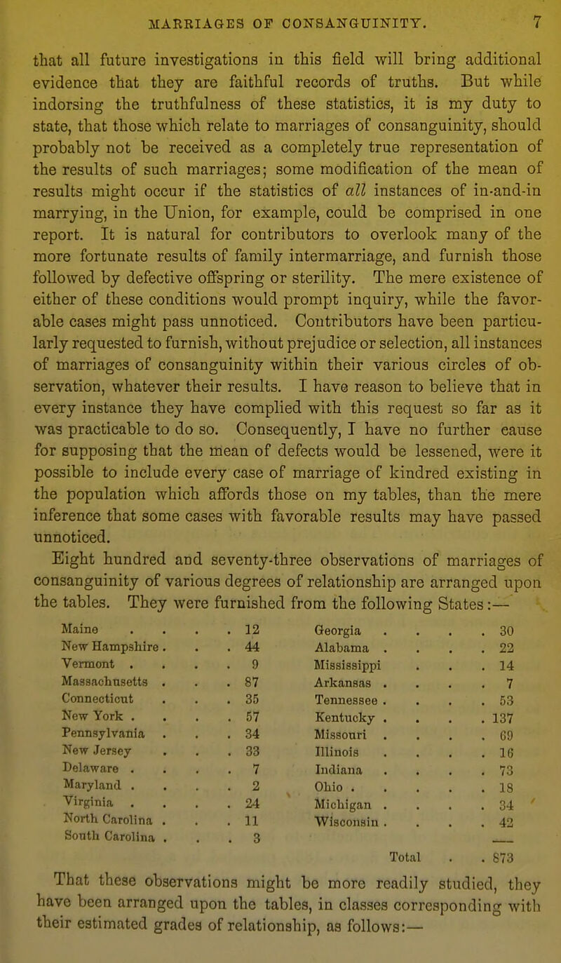that all future investigations in this field will bring additional evidence that they are faithful records of truths. But while indorsing the truthfulness of these statistics, it is my duty to state, that those which relate to marriages of consanguinity, should probably not be received as a completely true representation of the results of such marriages; some modification of the mean of results might occur if the statistics of all instances of in-and-in marrying, in the Union, for example, could be comprised in one report. It is natural for contributors to overlook many of the more fortunate results of family intermarriage, and furnish those followed by defective offspring or sterility. The mere existence of either of these conditions would prompt inquiry, while the favor- able cases might pass unnoticed. Contributors have been particu- larly requested to furnish, without prejudice or selection, all instances of marriages of consanguinity within their various circles of ob- servation, whatever their results. I have reason to believe that in every instance they have complied with this request so far as it was practicable to do so. Consequently, T have no further cause for supposing that the mean of defects would be lessened. Were it possible to include every case of marriage of kindred existing in the population which affords those on my tables, than the mere inference that some cases with favorable results may have passed unnoticed. Eight hundred and seventy-three observations of marriages of consanguinity of various degrees of relationship are arranged upon the tables. They were furnished from the following States:— Maine . 12 Georgia . 30 New Hampshire. . 44 Alabama . . 22 Vermont . . 9 Mississippi . 14 Massaclinsetts . . 87 Arkansas . . 7 Connectiont . 35 Tennessee . . 53 New York . . 57 Kentucky . , 137 Pennsylvania . 34 Missouri , . 69 New Jersey . 33 Illinois . 16 Delaware . . 7 Indiana , 73 Maryland . . 2 Ohio . . 18 Virginia . . 24 Michigan . . 34 North Carolina . . 11 Wisconsin . . 42 Sonth Carolina . . 3 Total . . 873 That these observations might be more readily studied, they have been arranged upon the tables, in classes corresponding with their estimated grades of relationship, as follows:—