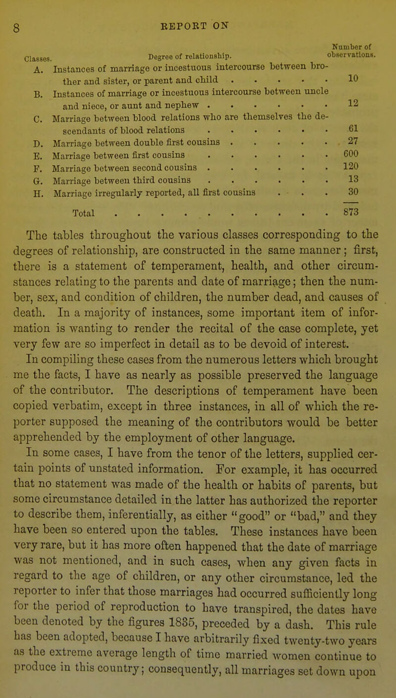 Number of Classes. Degree of relationship. observations. A. Instances of marriage or incestuous intercourse between bro- ther and sister, or parent and cbild B. Instances of marriage or incestuous intercourse between uncle and niece, or aunt and nepliew C. Marriage between blood relations who are themselves the de- scendants of blood relations D. Marriage between double first cousins E. Marriage between first cousins F. Marriage between second cousins G. Marriage between third cousins H. Marriage irregularly reported, all first cousins . . Total The tables throughout the various classes correspondin degrees of relationship, are constructed in the same manner; first, there is a statement of temperament, health, and other circum- stances relating to the parents and date of marriage; then the num- ber, sex, and condition of children, the number dead, and causes of death. In a majority of instances, some important item of infor- mation is wanting to render the recital of the case complete, yet very few are so imperfect in detail as to be devoid of interest. In compiling these cases from the numerous letters which brought me the facts, I have as nearly as possible preserved the language of the contributor. The descriptions of temperament have been copied verbatim, except in three instances, in all of which the re- porter supposed the meaning of the contributors would be better apprehended by the employment of other language. In some cases, I have from the tenor of the letters, supplied cer- tain points of unstated information. For example, it has occurred that no statement was made of the health or habits of parents, but some circumstance detailed in the latter has authorized the reporter to describe them, inferentially, as either good or bad, and they have been so entered upon the tables. These instances have been very rare, but it has more often happened that the date of marriage was not mentioned, and in such cases, when any given facts in regard to the age of children, or any other circumstance, led the reporter to infer that those marriages had occurred sufficiently long for the period of reproduction to have transpired, the dates have been denoted by the figures 1835, preceded by a dash. This rule has been adopted, because I have arbitrarily fixed twenty-two years as the extreme average length of time married women continue to produce in this country; consequently, all marriages set down upon 10 12 61 27 600 120 13 30 873 g to the