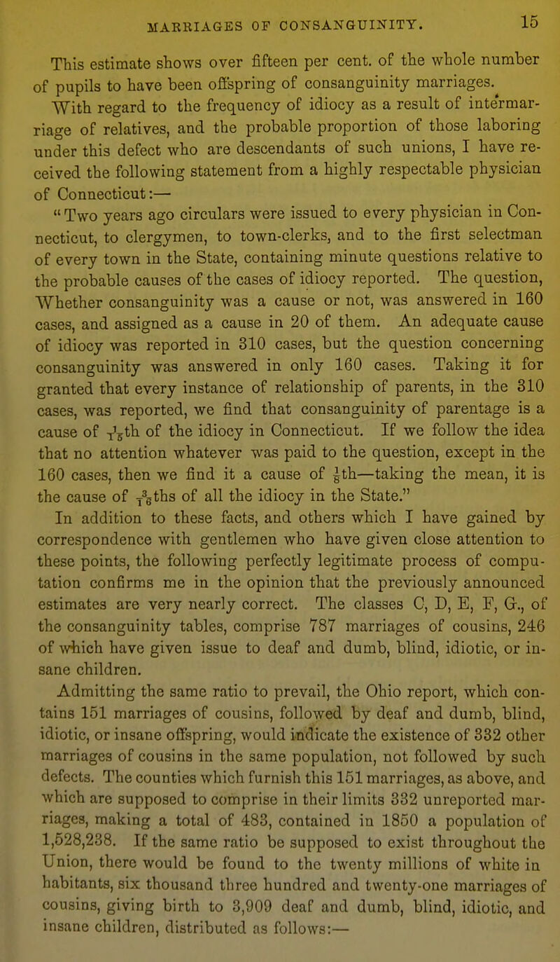 This estimate shows over fifteen per cent, of the whole number of pupils to have been offspring of consanguinity marriages. With regard to the frequency of idiocy as a result of intermar- riage of relatives, and the probable proportion of those laboring under this defect who are descendants of such unions, I have re- ceived the following statement from a highly respectable physician of Connecticut:— Two years ago circulars were issued to every physician in Con- necticut, to clergymen, to town-clerks, and to the first selectman of every town in the State, containing minute questions relative to the probable causes of the cases of idiocy reported. The question, Whether consanguinity was a cause or not, was answered in 160 cases, and assigned as a cause in 20 of them. An adequate cause of idiocy was reported in 310 cases, but the question concerning consanguinity was answered in only 160 cases. Taking it for granted that every instance of relationship of parents, in the 310 cases, was reported, we find that consanguinity of parentage is a cause of I'^th of the idiocy in Connecticut. If we follow the idea that no attention whatever was paid to the question, except in the 160 cases, then we find it a cause of gth—taking the mean, it is the cause of y^gths of all the idiocy in the State. In addition to these facts, and others which I have gained by correspondence with gentlemen who have given close attention to these points, the following perfectly legitimate process of compu- tation confirms me in the opinion that the previously announced estimates are very nearly correct. The classes C, D, E, F, G., of the consanguinity tables, comprise 787 marriages of cousins, 246 of which have given issue to deaf and dumb, blind, idiotic, or in- sane children. Admitting the same ratio to prevail, the Ohio report, which con- tains 151 marriages of cousins, followed by deaf and dumb, blind, idiotic, or insane offspring, would indicate the existence of 332 other marriages of cousins in the same population, not followed by such defects. The counties which furnish this 151 marriages, as above, and which are supposed to comprise in their limits 332 unreported mar- riages, making a total of 483, contained in 1850 a population of 1,528,238. If the same ratio be supposed to exist throughout the Union, there would be found to the twenty millions of white in habitants, six thousand three hundred and twenty-one marriages of cousins, giving birth to 3,909 deaf and dumb, blind, idiotic, and insane children, distributed as follows:—