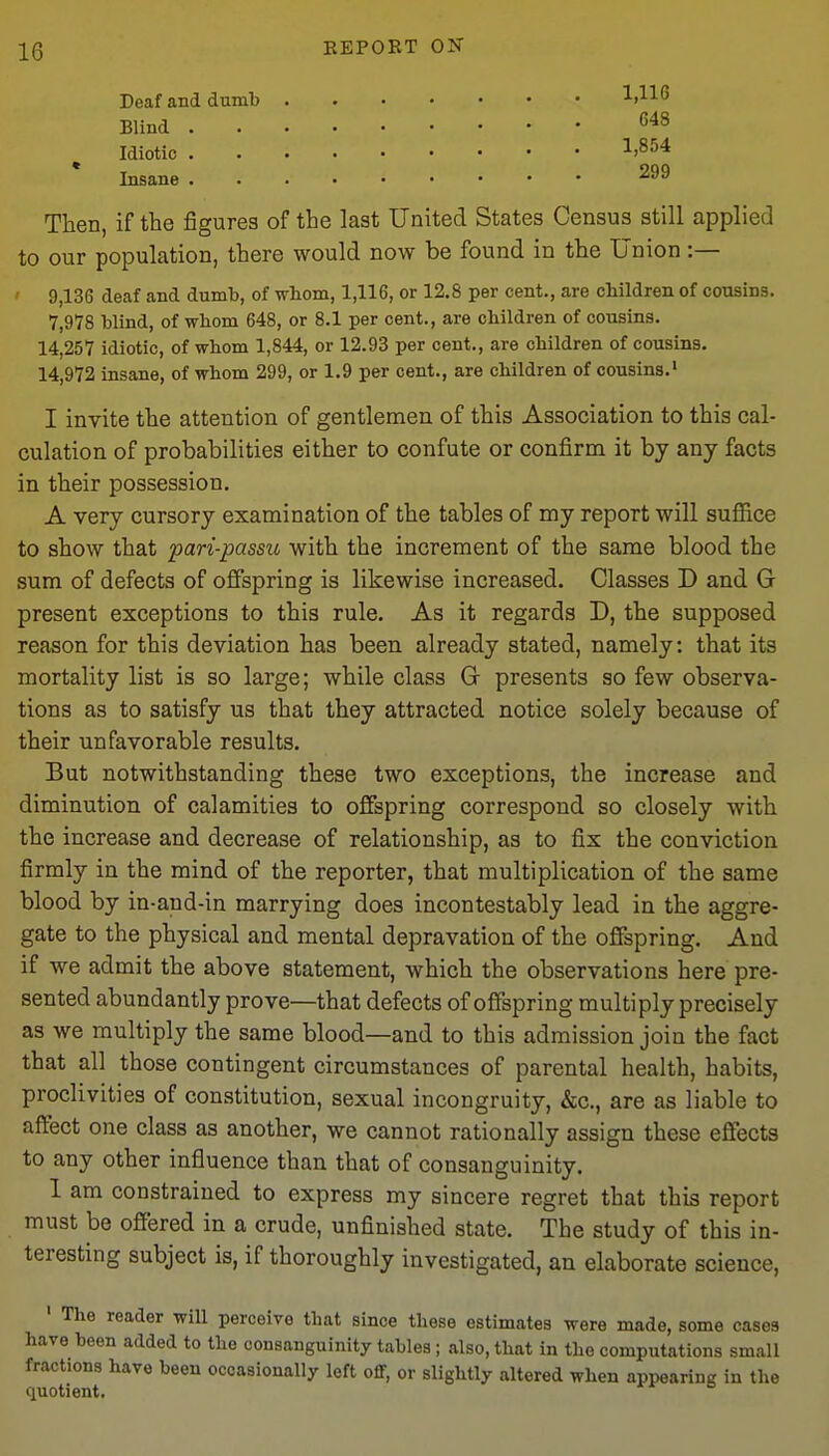 Deaf and dumb ^Al^ Blind Idiotic I'S^'* Insane Then, if the figures of the last United States Census still applied to our population, there would now be found in the Union :— ' 9,136 deaf and dumb, of wbom, 1,116, or 12.8 per cent., are children of cousins. 7,978 blind, of whom 648, or 8.1 per cent., are children of cousins. 14,257 idiotic, of whom 1,844, or 12.93 per cent., are children of cousins. 14,972 insane, of whom 299, or 1.9 per cent., are children of cousins.' I invite the attention of gentlemen of this Association to this cal- culation of probabilities either to confute or confirm it by any facts in their possession. A very cursory examination of the tables of my report will sufiice to show that pari-passu with the increment of the same blood the sum of defects of offspring is likewise increased. Classes D and G present exceptions to this rule. As it regards D, the supposed reason for this deviation has been already stated, namely: that its mortality list is so large; while class G presents so few observa- tions as to satisfy us that they attracted notice solely because of their unfavorable results. But notwithstanding these two exceptions, the increase and diminution of calamities to offspring correspond so closely with the increase and decrease of relationship, as to fix the conviction firmly in the mind of the reporter, that multiplication of the same blood by in-and-in marrying does incontestably lead in the aggre- gate to the physical and mental depravation of the offspring. And if we admit the above statement, which the observations here pre- sented abundantly prove—that defects of offspring multiply precisely as we multiply the same blood—and to this admission join the fact that all those contingent circumstances of parental health, habits, proclivities of constitution, sexual incongruity, &c., are as liable to affect one class as another, we cannot rationally assign these effects to any other influence than that of consanguinity. 1 am constrained to express my sincere regret that this report must be offered in a crude, unfinished state. The study of this in- teresting subject is, if thoroughly investigated, an elaborate science, • The reader will perceive that since these estimates were made, some cases have been added to the consanguinity tables; also, that in the computations small fractions have been occasionally left oflF, or slightly altered when appearing in the quotient.