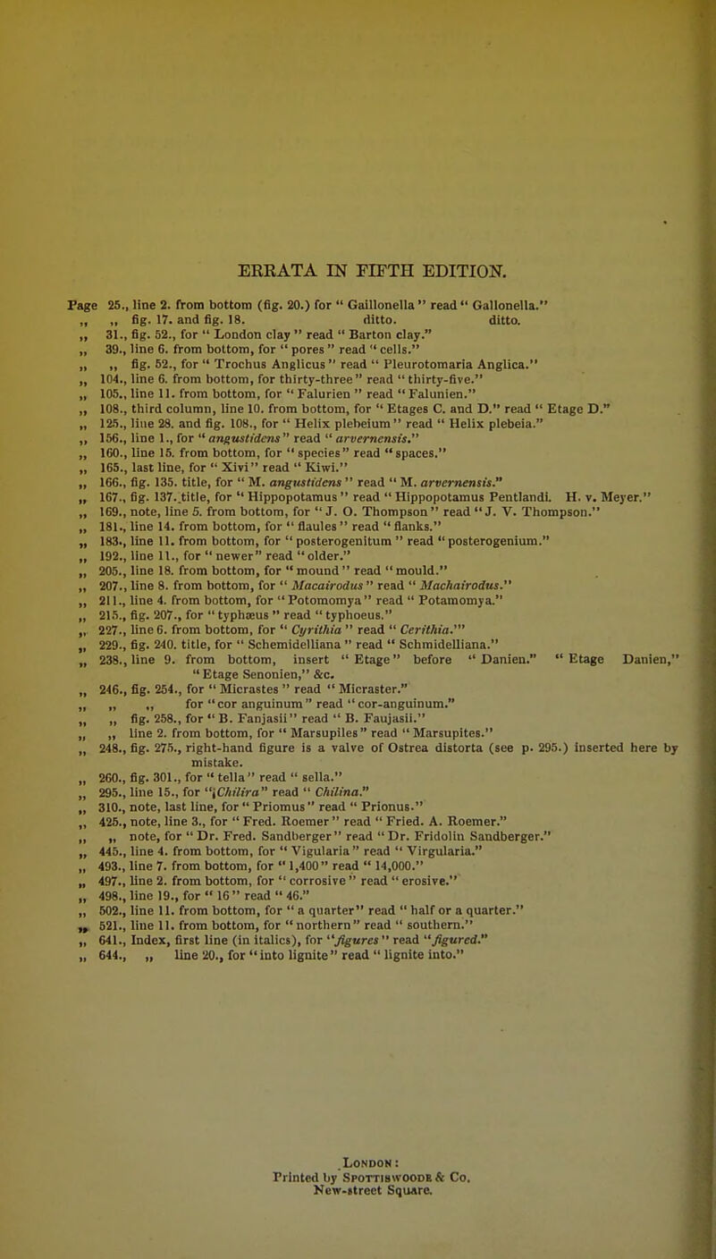 ERRATA IN FIFTH EDITION. Page 25., line 2. from bottom (fig. 20.) for  Gaillonella read Gallonella. „ „ fig. 17. and fig. 18. ditto. ditto. „ 31., fig. 52., for  London clay  read  Barton clay. „ 39., line 6. from bottom, for  pores  read  cells. „ „ fig. 52., for  Trochus Anglicus  read  Pleurotomaria Anglica. „ 104., line 6. from bottom, for thirty-three  read  thirty-five. „ 105., line 11. from bottom, for  Falurien  read  Falunien. „ 108., third column, line 10. from bottom, for  Etages C. and D. read  Etage D. „ 125., line 28. and fig. 108., for  Helix plebeium read  Helix plebeia. „ 156., line I., for  angustidcns read  arvernensis. „ 160., line 15. from bottom, for  species read  spaces. „ 165., last line, for  Xivi read  Kiwi. „ 166., fig. 135. title, for  M. anguslidens  read  M. arvernensis. „ 167., fig. 137..title, for  Hippopotamus  read  Hippopotamus Pentlandi. H. v. Meyer. „ 169., note, line 5. from bottom, for  J. O. Thompson  read J. V. Thompson. „ 181., line 14. from bottom, for  flaules read  flanks. „ 183., line 11. from bottom, for  posterogenitum  read  posterogenium. „ 192., line 11., for  newer read older. „ 205., line 18. from bottom, for  mound  read  mould. „ 207., line 8. from bottom, for  Macairodus  read  Machairodus. „ 211., line 4. from bottom, for  Potomomya read  Potamomya. „ 215., fig. 207., for  typhseus  read  typhoeus. ,, 227., line 6. from bottom, for  Cyrithia  read  Cerfthia' „ 229., fig. 240. title, for  Schemidelliana  read  Schmidelliana. „ 238., line 9. from bottom, insert Etage before  Danien. Etage Danien,  Etage Senonien, &c. „ 246., fig. 254., for  Micrastes  read  Micraster. „ „ „ for cor anguinum read  cor-anguinum. „ „ fig. 258., for  B. Fanjasii read  B. Faujasii. „ „ line 2. from bottom, for  Marsupiles read  Marsupitcs. „ 248., fig. 275., right-hand figure is a valve of Ostrea distorta (see p. 295.) inserted here by mistake. „ 260., fig. 301., for  tella  read  sella. „ 295., line 15., for iCMlira read  Chilina. „ 310., note, last line, for  Priomus  read  Frionus. „ 425., note, line 3., for  Fred. Roemer read  Fried. A. Roemer. „ „ note, for  Dr. Fred. Sandberger read  Dr. Fridolin Sandberger. „ 445., line 4. from bottom, for  Vigularia  read  Virgularia. „ 493., line 7. from bottom, for  1,400  read  14,000. „ 497., line 2. from bottom, for  corrosive  read  erosive. „ 498., line 19., for  16  read  46. „ 502., line 11. from bottom, for  a quarter read  half or a quarter. 521., line 11. from bottom, for  northern read  southern. „ 641., Index, first line (in italics), for figures read figured. „ 644., „ line 20., for  into lignite  read  lignite into. .London : Printed by Spottibwoodb & Co. New-itreet Square.