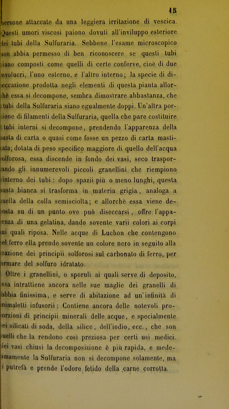 4B )ersone attaccale da una leggiera irritazione di vescica. Questi umori viscosi paiono dovuti all'inviluppo esteriore jlei tubi della Sulfuraria. Sebbene l'esame microscopico lon abbia permesso di ben riconoscere se questi tubi ;,iano composti come quelli di certe conferve, cioè di due involucri, l'uno esterno, e l'altro interno; la specie di di- j«ccazione prodotta negli elementi di questa pianta allor- ché essa si decompone, sembra dimostrare abbastanza, che tubi della Sulfuraria siano egualmente doppi. Un'altra por- zione di filamenti della Sulfuraria, quella che pare costituire tubi interni si decompone, prendendo l'apparenza della jasta di carta o quasi come fosse un pezzo di carta masti- lala; dotata di peso specifico maggiore di quello dell'acqua olforosa, essa discende in fondo dei vasi, seco Iraspor- ando gli innumerevoli piccoli granellini che riempiono interno dei tubi : dopo spazii più o meno lunghi, questa lasla bianca si trasforma in materia grigia, analoga a luella della colla semisciolta; e allorché essa viene de- •osla su di un punto ove può diseccarsi , offre l'appa- enza dì una gelatina, dando sovente varii colori ai corpi ui quali riposa. Nelle acque di Luchon che contengono el ferro ella prende sovente un colore nero in seguito alla nazione dei principii solforosi sul carbonato di ferro, per ormare del solfuro idratalo. Oltre i granellini, o sporuli ai quali serve di deposilo, ssa intrattiene ancora nelle sue maglie dei granelli di abbia finissima, e serve di abitazione ad un'infinità di nimalelli infusorii : Contiene ancora delle notevoli pro- orzioni di principii minerali delle acque, e specialmente ei silicati di soda, della bilico, dell'iodio, ecc., che soq uelli che la rendono così preziosa per certi usi medici, tei vasi chiusi la decomposizione è più rapida, e mede- imamente la Sulfuraria non si decompone solamente, ma i pulrefà e prende l'odore fetido della .carne , <porroUa,