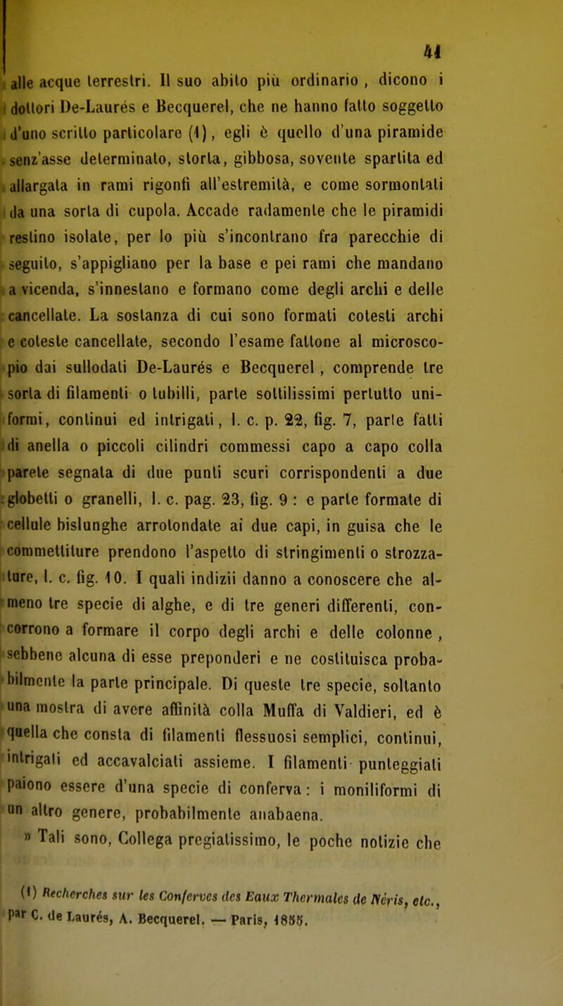 alle acque lerreslri. 11 suo abito più ordinario , dicono i ! dollori De-Laurés e Becquerel, che ne hanno fatto soggetto , d'uno scritto particolare (1), egli ò quello d'una piramide • senz'asse determinalo, storta, gibbosa, sovente spartita ed , allargata in rami rigonfi all'estremità, e come sormontati I da una sorla di cupola. Accado radamente che le piramidi restino isolate, per lo più s'incontrano fra parecchie di seguilo, s'appigliano per la base e pei rami che mandano * a vicenda, s'innestano e formano come degli archi e delle cancellate. La sostanza di cui sono formati cotesti archi •e coleste cancellate, secondo l'esame fattone al microsco- pio dai sullodali De-Laurés e Becquerel, comprende tre i sorla di filamenti o lubilli, parte sottilissimi perlulto uni- formi, continui ed intrigati, I. c. p. 22, fig. 7, parie fatti il di anella o piccoli cilindri commessi capo a capo colla parete segnata di due punii scuri corrispondenti a due ;globelli 0 granelli, I. c. pag. 23, fig. 9 : e parte formate di cellule bislunghe arrotondate ai due capi, in guisa che le commettiture prendono l'aspetto di stringimenti o strozza- lare, I. c. fig. 10. I quali indizii danno a conoscere che al- meno tre specie di alghe, e di Ire generi differenti, con- corrono a formare il corpo degli archi e delle colonne , sebbene alcuna di esse preponderi e ne costituisca proba- hdmctilc la parte principale. Di queste tre specie, soltanto una mostra di avere affinità colla Muffa di Valdieri, ed è quella che consta di filamenti flessuosi semplici, continui, intrigali ed accavalciali assieme. I filamenti punteggiati paiono essere d'una specie di conferva : i moniliformi di un altro genere, probabilmente anabaena. » Tali sono. Collega pregiatissimo, le poche notizie che (0 Recherches sur les Conferve» (Ics Eatix Thennalcs de ISéris, ole, par C. de Laurés, A. Becquerel. — Paris, 1885.