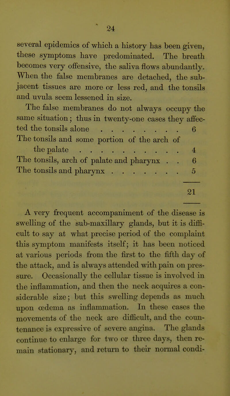 several epidemics of which a history has been given, these symptoms have predominated. The breath becomes very offensive, the saliva flows abundantly. Wlien the false membranes are detached, the sub- jacent tissues are more or less red, and the tonsils and uvula seem lessened in size. The false membranes do not always occupy the same situation; thus in twenty-one cases they affec- ted the tonsils alone 6 The tonsils and some portion of the arch of the palate 4 The tonsils, arch of palate and pharynx . . 6 The tonsils and pharynx 5 21 A very frequent accompaniment of the disease is swelling of the sub-maxillary glands, but it is diffi- cult to say at what precise period of the complaint this symptom manifests itself; it has been noticed at various periods from the fii'st to the fifth day of the attack, and is always attended with pain on pres- sure. Occasionally the cellular tissue is involved in the inflammation, and then the neck acquires a con- siderable size; but this swelling depends as much upon oedema as inflammation. In these cases the movements of the neck are difficult, and the coun- tenance is expressive of severe angina. The glands continue to enlarge for two or tlu'ee days, then re- main stationary, and retui-n to their normal condi-