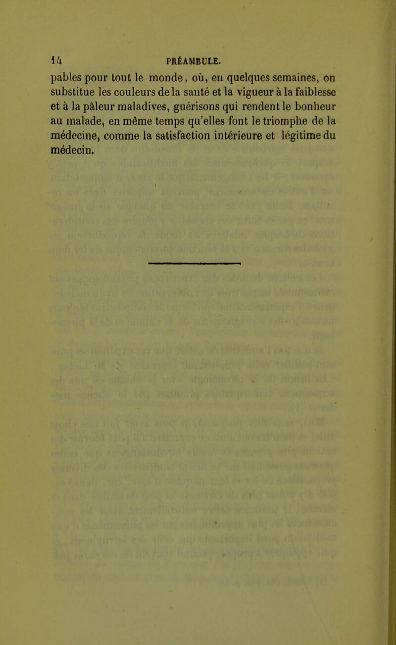 pables pour lout le monde, où, en quelques semaines, on substitue les couleurs delà santé et la vigueur à la faiblesse et à la pâleur maladives, guérisons qui rendent le bonheur au malade, en même temps qu'elles font le triomphe de la médecine, comme la satisfaction intérieure et légitime du médecin.