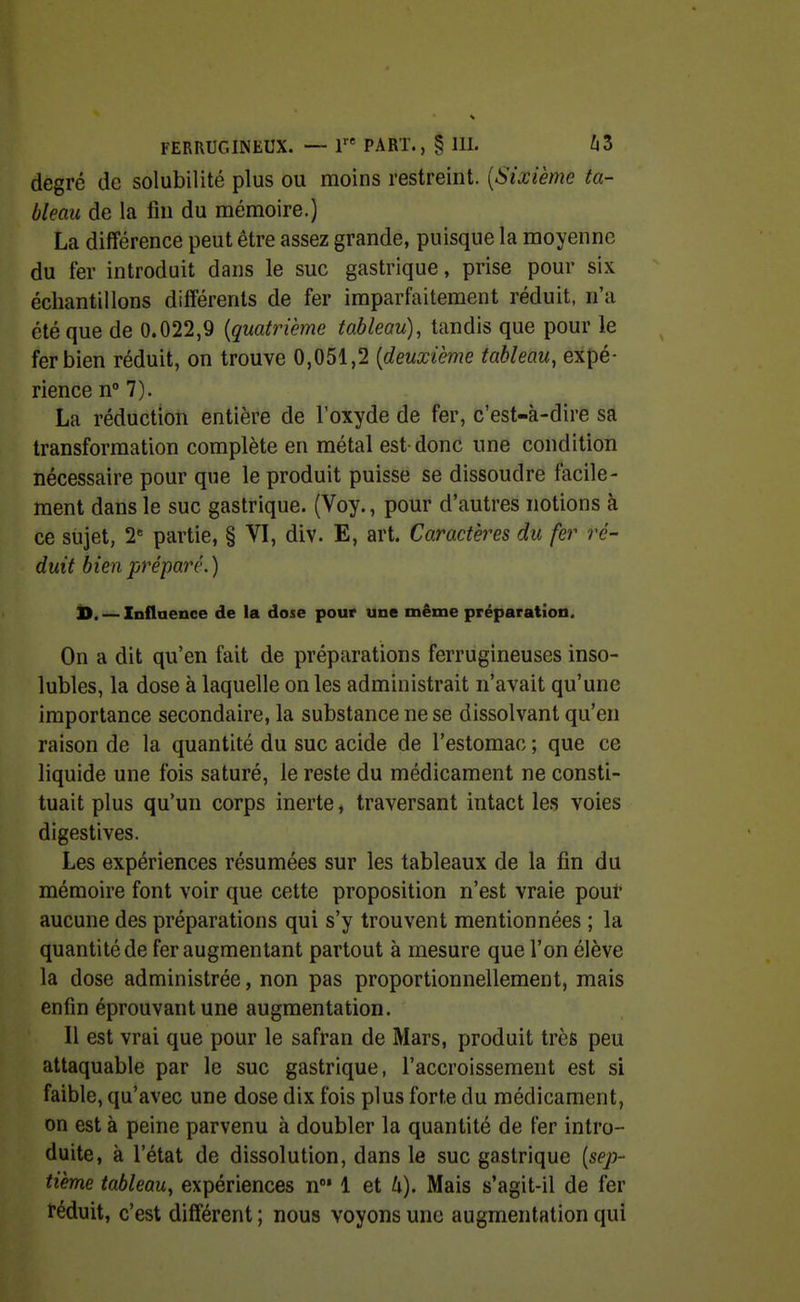 degré de solubilité plus ou moins restreint. [Sixième ta- bleau de la iiii du mémoire.) La différence peut être assez grande, puisque la moyenne du fer introduit dans le suc gastrique, prise pour six échantillons différents de fer imparfaitement réduit, n'a été que de 0.022,9 [quatrième tableau), tandis que pour le fer bien réduit, on trouve 0,051,2 [deuxième tableau, expé- rience n 7). La réduction entière de l'oxyde de fer, c'est-à-dire sa transformation complète en métal est donc une condition nécessaire pour que le produit puisse se dissoudre facile- ment dans le suc gastrique. (Voy., pour d'autres notions à ce sujet, 2» partie, § VI, div. E, art. Caractères du fer ré- duit bien préparé. ) i>. — Inflaence de la dose pour une même préparation. On a dit qu'en fait de préparations ferrugineuses inso- lubles, la dose à laquelle on les administrait n'avait qu'une importance secondaire, la substance ne se dissolvant qu'en raison de la quantité du suc acide de l'estomac ; que ce liquide une fois saturé, le reste du médicament ne consti- tuait plus qu'un corps inerte, traversant intact les voies digestives. Les expériences résumées sur les tableaux de la fin du mémoire font voir que cette proposition n'est vraie pour aucune des préparations qui s'y trouvent mentionnées ; la quantité de fer augmentant partout à mesure que l'on élève la dose administrée, non pas proportionnellement, mais enfin éprouvant une augmentation. Il est vrai que pour le safran de Mars, produit très peu attaquable par le suc gastrique, l'accroissement est si faible, qu'avec une dose dix fois plus forte du médicament, on est à peine parvenu à doubler la quantité de fer intro- duite, à l'état de dissolution, dans le suc gastrique [sep- tième tableau, expériences n 1 et k). Mais s'agit-il de fer téduit, c'est différent ; nous voyons une augmentation qui