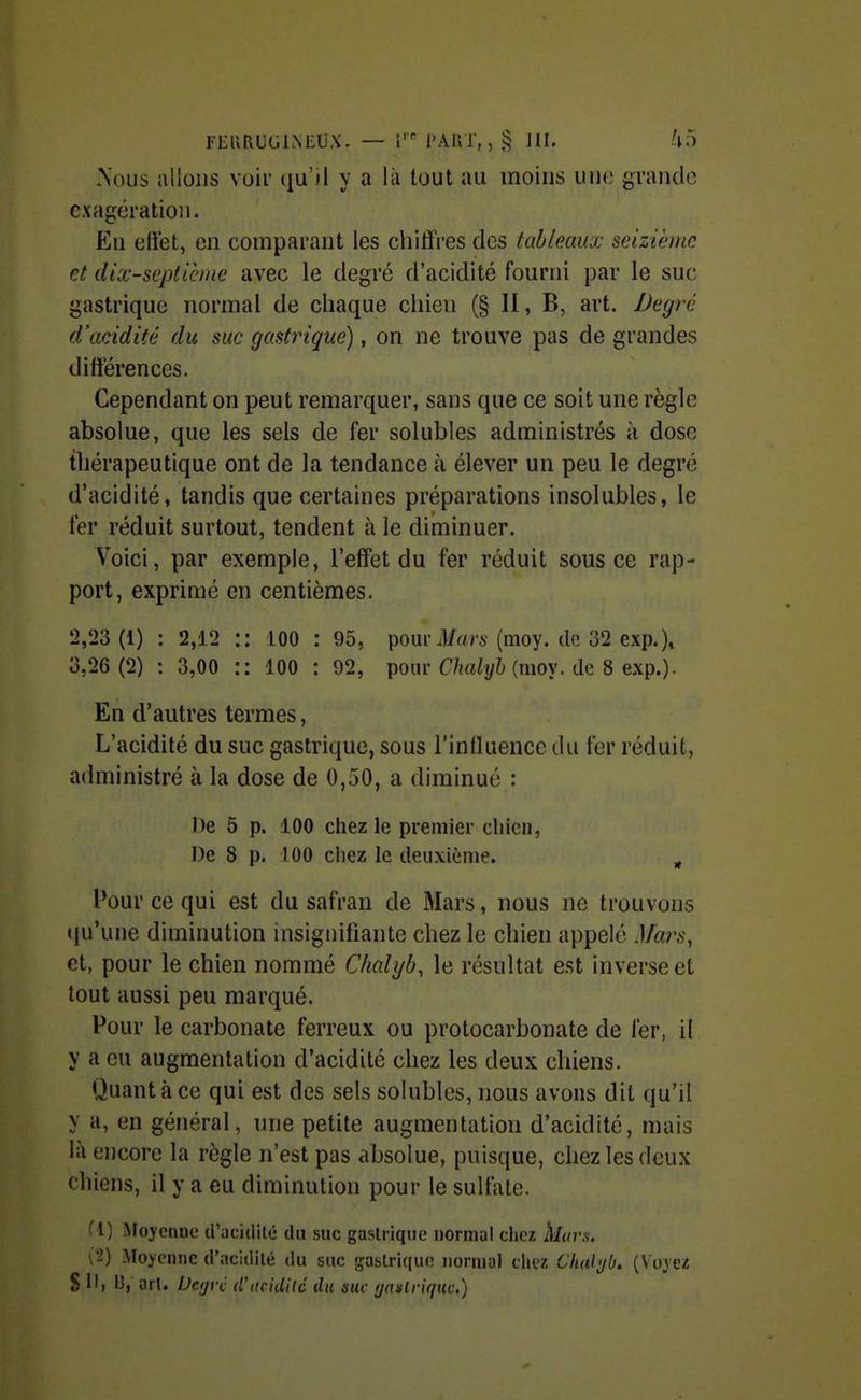 .Nous allons voir qu'il y a là tout au moins une grande exagération. En eliet, en comparant les chitfres des tableaux seizième et dix-septième avec le degré d'acidité fourni par le suc gastrique normal de chaque chien (§ II, B, art. /Jeg)-é d'acidité du suc gastrique), on ne trouve pas de grandes dittérences. Cependant on peut remarquer, sans que ce soit une règle absolue, que les sels de fer solubles administrés à dose thérapeutique ont de la tendance à élever un peu le degré d'acidité, tandis que certaines préparations insolubles, le fer réduit surtout, tendent à le diminuer. V'oici, par exemple, l'effet du fer réduit sous ce rap- port, exprimé en centièmes. 2,23(1) : 2,12 :; 100 : 95, pour il/«>-s (moy. de 32 exp.), 3,26 (2) : 3,00 :: 100 : 92, pour C/(a/y6 (moy. de 8 exp.)- En d'autres termes, L'acidité du suc gastrique, sous rinlluencc du fer réduit, administré à la dose de 0,50, a diminué : De 5 p. 100 chez le premier cliicn, De 8 p. 100 chez le deuxième. , Pour ce qui est du safran de Mars, nous ne trouvons qu'une diminution insignifiante chez le chien appelé Mars, et, pour le chien nommé Chahjb, le résultat est inverse et tout aussi peu marqué. Pour le carbonate ferreux ou protocarbonate de fer, il y a eu augmentation d'acidité chez les deux chiens. Quant à ce qui est des sels solubles, nous avons dit qu'il y a, en général, une petite augmentation d'acidité, mais là encore la règle n'est pas absolue, puisque, chez les deux chiens, il y a eu diminution pour le sulfate. f l) iFojennc (raciililO du suc gastrique normal chez huvs. (2) Moyenne d'acidilé du suc gablriqun normal cIk-z Clialjb. (N'ovez S D, U, art. Ucfjrc d'itriUilc du suc ijn»lnqtic,)