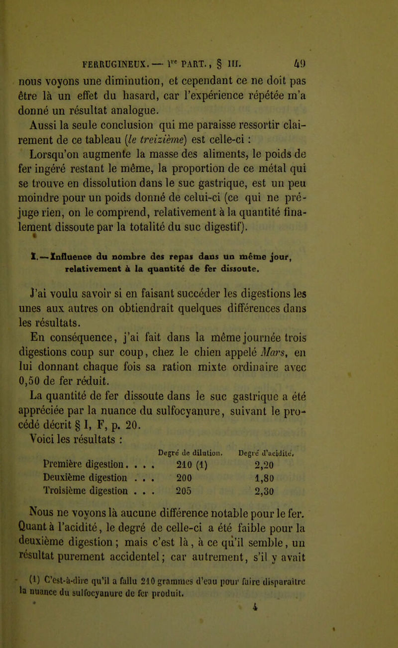 nous voyons une diminution, et cependant ce ne doit pas être là un effet du hasard, car l'expérience répétée m'a donné un résultat analogue. Aussi la seule conclusion qui me paraisse ressortir clai- rement de ce tableau [le treizième) est celle-ci : Lorsqu'on augmente la masse des aliments, le poids de fer ingéré restant le même, la proportion de ce métal qui se trouve en dissolution dans le suc gastrique, est un peu moindre pour un poids donné de celui-ci (ce qui ne pré- juge rien, on le comprend, relativement à la quantité fina- lement dissoute par la totalité du suc digestif). X. —Influence du nombre des repas dans un mêtne jour, relativement à la quantité de fer dissoute. J'ai voulu savoir si en faisant succéder les digestions les unes aux autres on obtiendrait quelques différences dans les résultats. En conséquence, j'ai fait dans la même journée trois digestions coup sur coup, chez le chien appelé Mars, en lui donnant chaque fois sa ration mixte ordinaire avec 0,50 de fer réduit. La quantité de fer dissoute dans le suc gastrique a été appréciée par la nuance du sulfocyanure, suivant le pro- cédé décrit § I, F, p. 20. Voici les résultats : Degrc de dilution. Degré' J'acidilu, Première digestion. . , . 210(1) 2,20 Deuxième digestion ... 200 1,80 Troisième digestion . . . 205 2,30 Nous ne voyons là aucune différence notable pour le fer. Quant à l'acidité, le degré de celle-ci a été faible pour la deuxième digestion ; mais c'est là, à ce qii'il semble, un résultat purement accidentel; car autrement, s'il y avait (1) C'cst-à-tliic qu'il a fallu 210 gmraïues d'eau pour faire disparaître la nuance du sulfocyanure de fer produit. 4