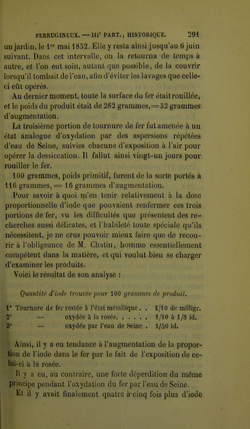 un jardin, le 1 mai 1852. Elle y resta ainsi jusqu'au 6 juin suivant. Dans cet intervalle, on la retourna de temps à autre, et l'on eut soin, autant que possible, de la couvrir lorsqu'il tombait de l'eau, afin d'éviter les lavages que celle- ci eût opérés. Au dernier moment, toute la surface du fer étaitrouillée, et le poids du produit était de 282 grammes,=32 grammes d'augmentation. La troisième portion de tournure de fer fut amenée à un état analogue d'oxydation par des aspersions répétées d'eau de Seine, suivies chacune d'exposition à l'air pour opérer la dessiccation. Il fallut ainsi vingt-un jours pour rouiller le fer. 100 grammes, poids primitif, furent de la sorte portés à 116 grammes, = 16 grammes d'augmentation. Pour savoir à quoi m'en tenir relativement à la dose proportionnelle d'iode que pouvaient renfermer ces trois portions de fer, vu les difficultés que présentent des re- cherches aussi délicates, et l'habileté toute spéciale qu'ils nécessitent, je ne crus pouvoir mieux faire que de recou- rir à l'obligeance de M. Chatin, homme essentiellement compétent dans la matière, et qui voulut bien se charger d'examiner les produits. Voici le résultat de son analyse : Quantité d'iode trouvée pour 100 grammes de produit. i' Tournure de ferresteSe à l'état mélallique. . 1/10 de milligr. 2 — oiydée à la rosée 1/10 à 1/8 id. 3 — oxydée par l'eau de Seine . 1//|0 id. Ainsi, il y a eu tendance à l'augmentation de la propor- tion de l'iode dans le fer par le fait de l'exposition de ce- lui-ci à la rosée. Il y a eu, au contraire, une forte déperdition du même principe pendant l'oxydation du fer par l'eau de Seine. Et il y avait finalement quatre à cinq fois plus d'iode