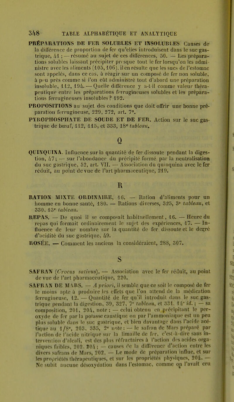 PRÉPARATIONS DE FER SOLUBLES ET INSOLUBLES Causes de la dilléience de proportion de fer qu'elles introduisent dans le suc gas- trique, lil ; — résumé au sujet de ces différences, 50. — Les prépara- lions solubles laissant précipiter pn sque tout le fer lorsqu'on les admi- nistre avec les aliments (105,106). il en résulte que les sucs de l'estomac sont appelés, dans ce cas, à réagir sur un composé de fer non soluble, à pi^u près comme si l'on eût administré tout d'abord une préparation insoluble, 112, 194. — Quelle différence y a-l il comme valeur théra- peutique entre les préparations fi'rrugineuses solubles et les prépara- lions ferrugineuses insolubles? 192. PROPOSITIONS au sujet des conditions que doit offrir une bonne pré- paration ferrugineuse, 229, 272, art. 7°. PYhOPHOSPHATE DE SOUDE ET DE FER. Action sur le suc gas- trique de bœuf, 112, 115, et 333, 18' tableau, Q QUINQUINA. Influence sur la quantité de fer dissoute pendant la diges- tion, 47; — sur l'abondance du précipité formé par la neulralisalioa du suc gastrique, 52, art. VII. — Association du quinquina avec le fer réduit, au point de vue de l'art pharm^iceutique, 219. R RATION MIXTE ORDINAIRE, IG. — Ration d'aliments pour un homme en bonne santé, 180. — Rations diverses, 325, 3* tableau, et 330, 13' tableau. REPAS. — De quoi il se composait; habit'.iclleraent, 16. — Heure du repas qui formait ordinairement le suji l des expériences, 17. — In- fluence de leur nombre sur la quantité de fer dissoute et le degré d'acidité du suc gastrique, 49. ROSÉE. — Comment les anciens la considéraient, 288, 307. S SAFRAN [Crocus sativus). — Association avec le fer réduit, au point de vue de l'art pharmaceutique, 220. SAFRAN DE M ABS. — A priori, il semble que ce soit le composé de fer le moins opte à produire les effets que l'on attend de la niédiculion ferrugineuse, 12. —Qiiantilé de fer qu'il introduit dans le suc gas- trique pendant la digestion, 39, 327. 7' tableau, et 331. U' id. ; — sa composition, 201, 204, note; — celui obtenu on précipitant le per- oxyde de fer parla potasse caustique ou par l'amnioninquc est un peu plus soluble dans le suc gastrique, cl bien davantage dans l'acide acé- tique au 1/8', 203. 335, 2 note : —le sa fin n de Mars préparé par l'action de l'ncide nitrique sur la limaille de fer. c'est-fi-dire sans in- terveniioii d'alcali, est des plus réfraclaires à l'action di-s acides orga- niques faibles, 202. 504; — causes l'e la différence d'action entre les divers safrans de Mars, 202. — Le mode de préparation influe, et sur les propriétés lliérapenliques, et sur les propriétés physiques, 204. — Ne subit aucune désoxydation dans l'estomac, comme oji l'avait cru