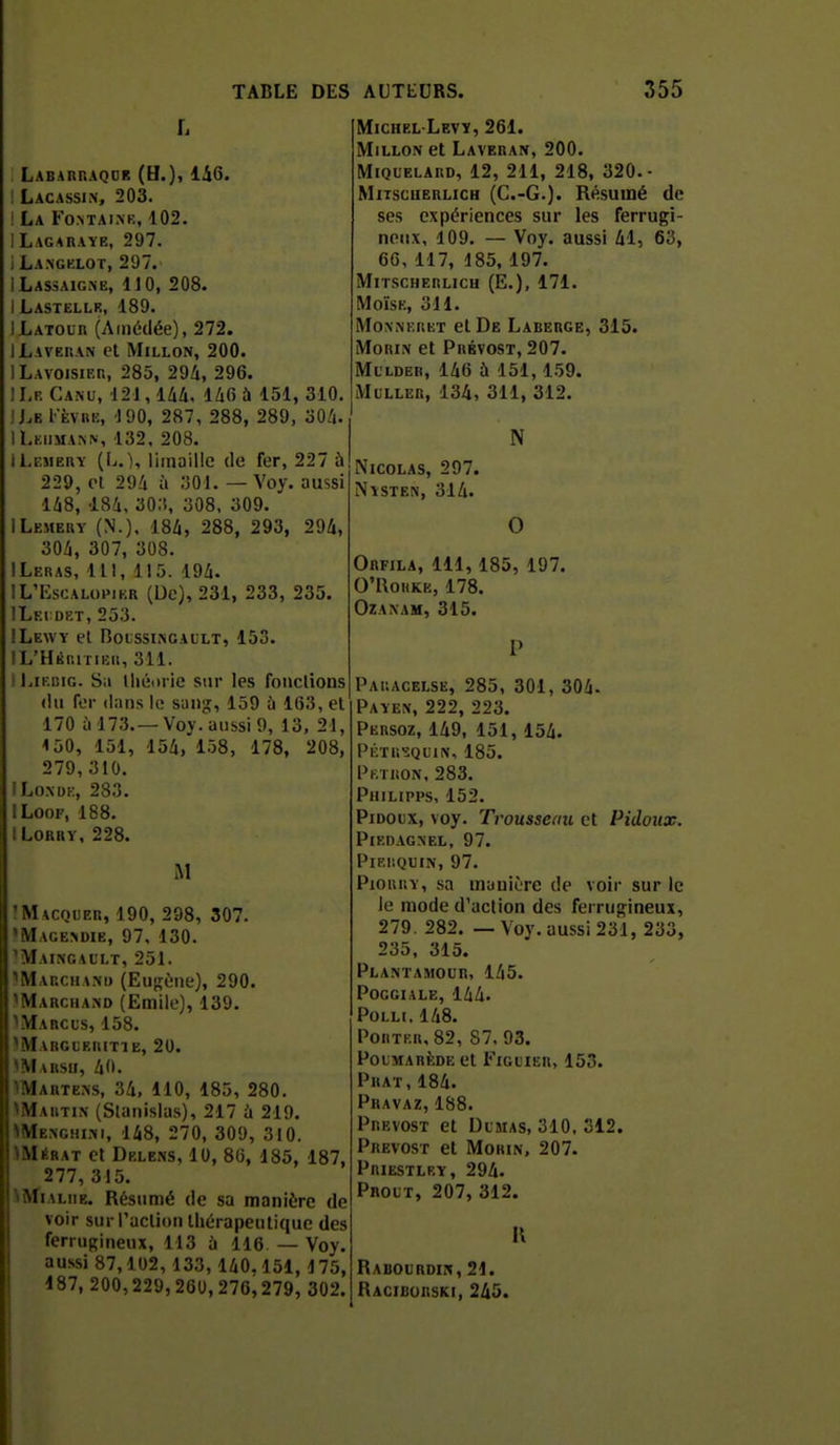 LABARnAQGR (H.)' ' Lacassin, 203. La Fo.maink, 102. Lagaraye, 297. i La.ngklot, 297. Lassaigne, 110, 208. ILastellr, 189. Latour (Ainédée), 272. ILaveran et MiLLON, 200. Lavoisier, 285, 294, 296. !Lr Canu, 121,144, 140 à 151, 310. jJ.ErÈVBE, 190, 287, 288, 289, 304. ILkiimakn, 132, 208. ILemery (L. ), limaille de fer, 227 à 229, ol 294 à 301. — Voy. aussi 148, 184, 303, 308, 309. ILemery (N.), 184, 288, 293, 294, 304, 307, 308. ILeras, 111, 115. 194. 1 L'EscALOPiKR (De), 231, 233, 235. ILei DKT, 253. ILewy el HocssiNCAULT, 153. IL'Hénniiîu, 311. I l^iEBiG. Sa Uiéitrie sur les fonclions (iu Ter dans le sang, 159 h 163, el 170 à 173.—Voy. aussi 9, 13, 21, <50, 151, 154, 158, 178, 208, 279,310. ILo.\DK, 283. ILoor, 188. I Lorry, 228. iM îMacquer, 190, 298, 307. 'Macendie, 97, 130. ^Maingaclt, 251. ?Marcham) (Eu^ùue), 290. ^Marchamd (Emile), 139. ^Marcus, 158. argurrit1e, 20. ^Marsu, 40. IMarte.ns, 34. 110, 185, 280. >Maiiti\ (Slariislas), 217 ù 219. MVIe\ghisi, 148, 270, 309, 310. ^Mérat el Delens, 10, 86, 185, 187, 277, 315. iMiALiiE. Résumé de sa manière de voir surraclioti lliérapeutiquc des ferrugineux, 113 à 116 — Voy. aussi 87,102, 133, 140.151, 175, 487, 200,229,260,276,279, 302. Michel-Levy, 261. MiLLO.\ et Laveran, 200. MiQUELARD, 12, 211, 218, 320.- Mxtscuerlich (C.-G.). Résumé de ses expériences sur les ferrugi- neux, 109. — Voy. aussi 41, 63, 66, 117, 185, 197. MiTSCHERLICU (E.), 171. Moïse, 311. MoxNK.nET el De Laberge, 315. iVfoRiN et Prévost, 207. MuLDEB, 146 à 151, 159. Muller, 134, 311, 312. Nicolas, 297. NisTEs, 314. N 0 Orfila, 111, 185, 197. O'Rohke, 178. OZANAM, 315. Pauacelse, 285, 301, 304- Payes, 222, 223. Persoz, 149, 151, 154. PÉru'îQum, 185. Pktron.283. PiiiLipps, 152. PiDoux, voy. Trousseau et Pidoux. PlEDAG.\EI,, 97. PlRIiQUIN, 97. PiORRY, sa manière de voir sur le le mode d'action des ferrugineux, 279. 282. — Voy. aussi 231, 233, 235, 315. Plantamour, 145. poggiale, 144. POLLI. 148. POHTKR, 82, 87, 93. POLMARÈDE Cl FlGUIËR, 153. Phat,184. Pravaz, 188. Prévost et Dlhias, 310, 312. Prévost et Morin, 207. PniESTLEY, 294. PnouT, 207, 312. Rabourdii-v, 21. Raciburski, 245.