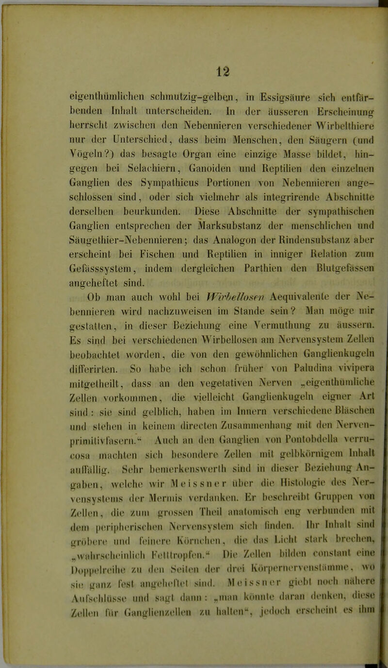 ei^entliüiiilichen schmutzig-gelbtin, in Essigsäure sich entfär- benden Inhalt unterscheiden. In der äusseren Erscheinung- herrscht zwischen den Nebennieren verschiedener Wirbelthiere nur der Unterschied, dass beim Menschen, den Säugern (und Vögeln?) das besagte Organ eine einzige Masse bildet, hin- gegen bei Selachiern, Ganoiden und Reptilien den einzelnen Ganglien des Sympathicus Portionen von Nebennieren ange- schlossen sind, oder sich vielmehr als integrirende Abschnitte derselben beurkunden. Diese Abschnitte der sympathischen Ganglien entsprechen der Marksubstanz der menschlichen und Säugethier-Nebennieren; das Analogen der Rindensubstanz aber erscheint bei Fischen und Reptiüen in inniger Relation zum Gefässsystem, indem dergleichen Parthien den Blutgefässen angeheftet sind. Ob man auch wohl bei Wirbellosen Aequivalente der Ne- bennieren v^'ird nachzuweisen im Stande sein ? Man möge mir gestatten, in dieser Beziehung eine Vermulhung zu äussern. Es sind bei verschiedenen Wirbellosen am Nervensystem Zellen beobachtet worden, die von den gewöhnlichen Ganglienkugeln dilferirten. So habe ich schon früher von Paludina vivipera mitgetheilt, dass an den vegetativen Nerven -eigenthiimliche Zellen vorkommen, die vielleicht Ganglienkugeln eigner Art sind : sie sind gelblich, haben im Innern verschiedene Bläschen und stehen in keinem directen Zusanunenhang mit den Nerven- primilivfasern.'- Auch an den Ganglien von Ponlobdella verru- cosa machten sich besondere Zellen mit gelbkörnigem Inhalt aiilfällig. Sehr bemerkenswerlh sind in dieser Beziehung An- gaben, welche wir Meissner über die Histologie des Ner- vensystems der Mermis verdanken. Er beschreibt Gruppen von Zellen, die zum grossen Theil anatomisch eng verbunden mit dem peripherischen Nervensystem sich linden. Ihr Inhalt sind gröbere und feinere Körnchen, die das Licht stark brechcm, „wahrscheinlich Kelttropfen.^ Die Zellen bilden constant eine Doppidreihe zu den Seilen der drei Körpernervenslämme, wo sie ganz fest angeheftet sind. Meissner giebt noch nähere Aufschlüsse und sagt dann: -man kitmile daran denken, diese Zellen für Ganglienzellen zu hallen% Jedoch erscheint es ihm