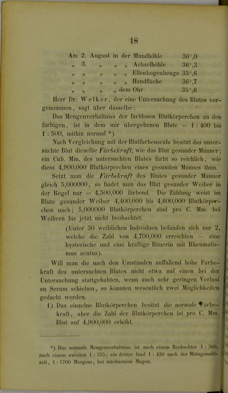 IS Am 2. August in der Mundhöhle 36°,0 „3. „ „ „ Achselhöhle 36%3 „ „ „ „ „ Ellenbogenbeuge 35°,6 „ „ „ „ „ Handfläche 36°,7 „ „ «55 dem Ohr 35°,6 Herr Dr. Welker, der eine Untersuchung des Blutes vor- genommen , sagt über dasselbe: Das Mengenverhältniss der farblosen Blutkörperchen zu den farbigen, ist in dem mir übergebenen Blute = 1:400 bis 1 : 500, mithin normal ■'■)• Nach Vergleichung mit der Blutfarbenscala besitzt das unter- suchte Blut ()\Qse[hQ Färbekraff, wie das Blut gesunder Älänner; ein Cub. Mm. des untersuchten Blutes färbt so reichlich, wie diess 4,900,000 Blutkörperchen eines gesunden Mannes thun. Setzt man die Fürbehraft des Blutes gesunder Männer gleich 5,000000, so findet man das Blut gesunder Weiber in der Regel nur = 4,500,000 Hirbend. Die Zählung weist im Blute gesunder Weiber 4,400,000 bis 4,600,000 Blulkörpw- chen nach; 5,000000 Blutkörperchen sind pro C. Mm. bei Weibern bis jetzt nicht beobachtet. (Unter 30 weiblichen Individuen befanden sich nur 2, welche die Zahl von 4,700,000 errcichlen — eine hysterische und eine kräftige Bäuerin mit Rheumatis- mus acutus). Will man die nach den Umständen aullallcnd hohe Färbe- kraft des untersuchten Blutes nicht etwa auf einen bei der Untersuchung stattgehabten, wenn auch sehr geringen Verlust an Serum schieben, so könnten wesentlich zwei Möglichkeiten gedacht werden. 1) Das einzelne Blutkörperchen b(>silzl die normale %ärbe- kraft, aber die Zahl der BIiiIImh [icrclien ist pro f. \1ni. Blut auf 4,y00,0()() crholil. *) Das noriiiiilc Monpciivtrliiiilniss isl narli einem Bwiiacliler 1 : 3()(K nacli einem zweiten 1 :335; ein dritler fand 1 : 430 narli der Mitl«gMnaliI- zeil, 1: 1700 Morgens, bei nürlilernem Magen.