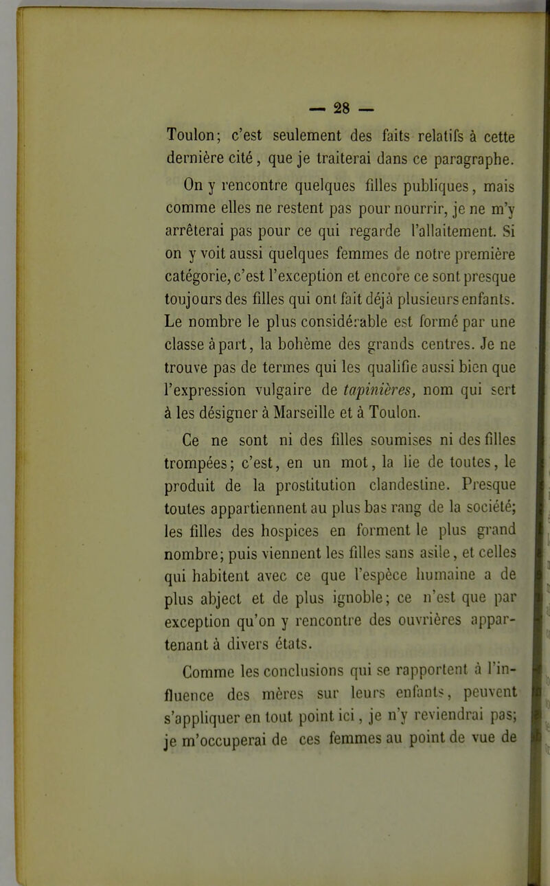 Toulon; c'est seulement des faits relatifs à cette dernière cité, que je traiterai dans ce paragraphe. On y rencontre quelques filles publiques, mais comme elles ne restent pas pour nourrir, je ne m'y arrêterai pas pour ce qui regarde l'allaitement. Si on y voit aussi quelques femmes de notre première catégorie, c'est l'exception et encore ce sont presque toujours des filles qui onl fait déjà plusieurs enfants. Le nombre le plus considérable est formé par une classe à part, la bohème des grands centres. Je ne trouve pas de termes qui les qualifie aussi bien que l'expression vulgaire de tapinières, nom qui sert à les désigner à Marseille et à Toulon. Ce ne sont ni des filles soumises ni des filles trompées; c'est, en un mot, la lie de toutes, le produit de la prostitution clandestine. Presque toutes appartiennent au plus bas rang de la société; les filles des hospices en forment le plus grand nombre; puis viennent les filles sans asile, et celles qui habitent avec ce que l'espèce humaine a de plus abject et de plus ignoble ; ce n'est que par exception qu'on y rencontre des ouvrières appar- tenant à divers états. Comme les conclusions qui se rapportent à l'in- fluence des mères sur leurs enfants, peuvent s'appliquer en tout point ici, je n'y reviendrai pas; je m'occuperai de ces femmes au point de vue de