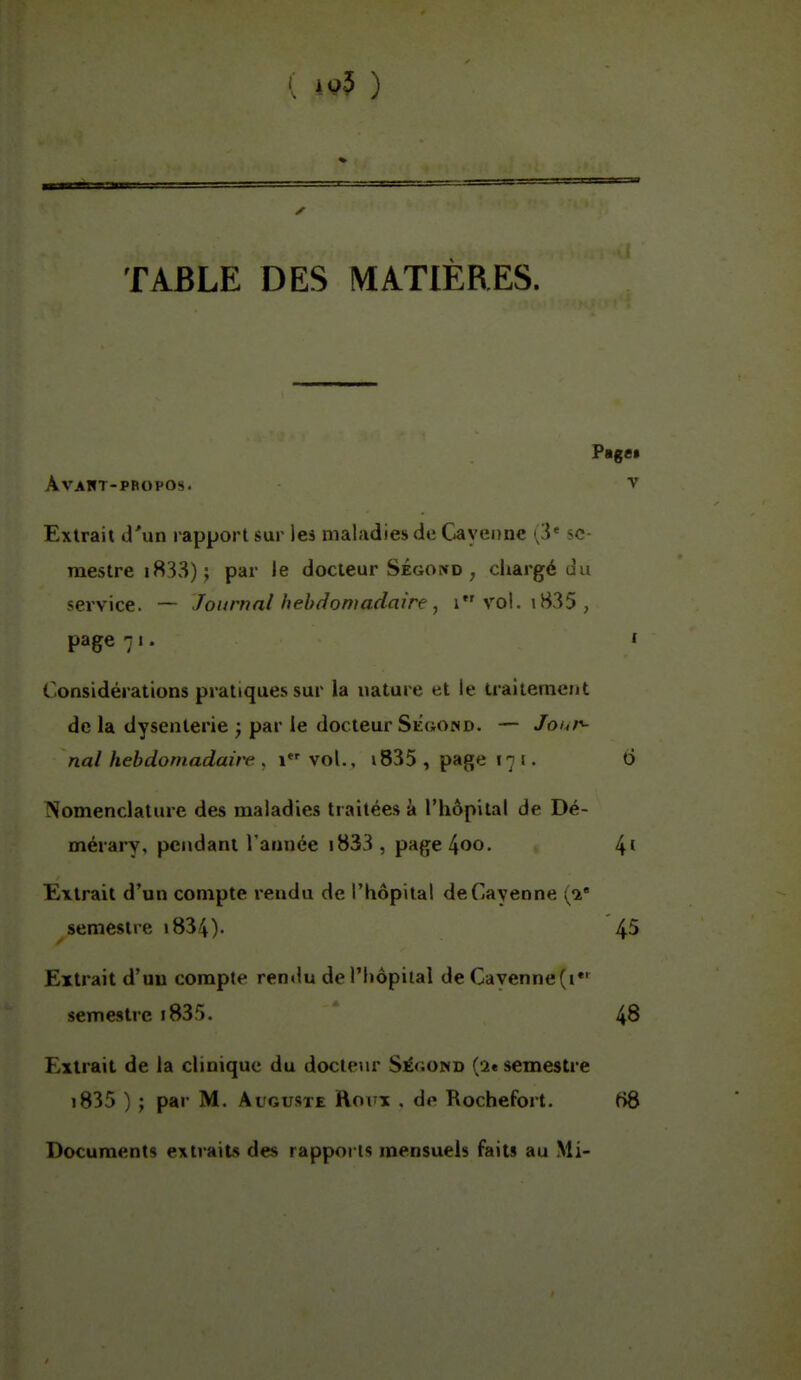 ( 4q5 ) TABLE DES MATIÈRES. Page» AVAHT-PBOPOS. V Extrait d'un rapport sur les maladies de Cayennc (3* se- mestre i833) ; par le docteur Ségond , chargé uu sei'vice. — Journal hebdomadaire , i vol. 1835, page 71. • Considérations pratiques sur la nature et le traitement de la dysenterie ; par le docteur Segowd. — Jour- nal hebdomadaire , i vol., i835 , page t. t) Nomenclature des maladies traitées à l'hôpital de Dé- mérary, pendant l'année i833, page4oo. 4' Extrait d'un compte rendu de l'hôpital deCayenne (7.' semestre i834). 4^ Extrait d'uu compte rendu de l'hôpital de Cayenne(i*' semestre i835. 48 Extrait de la clinique du docteur S^gond (2« semestre i835 ) ; par M. Avottste Rovx . de Kochefort. f>8 Documents extraits des rapports mensuels faits au Mi-