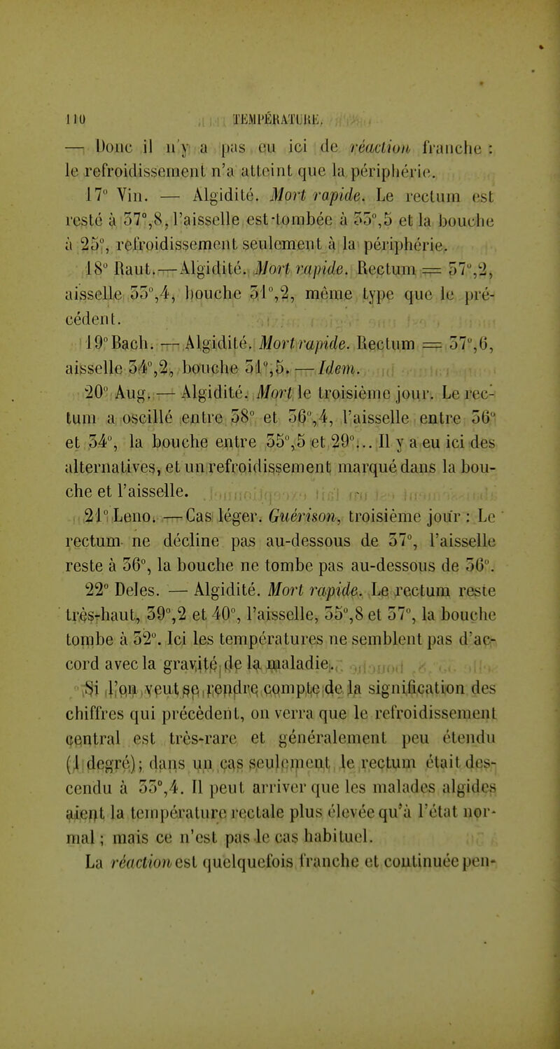 nu TEMPÉHA'ryut. —! Donc il n'y a pus eu ici de réacliuio franche : le refroidissement n'a atteint que la périphérie. 17 Vin. — Âlgidité. Mort rapide. Le rectum (ist resté à ST'IjS, l'aisselle est-tombée à 55°,5 et la bouche à 25, refroidissement seulement à la^ périphérie. 18° Raut.^x\lgidité. iVorï rapide. Rectum == 57,2, aisselle 55%4, bouche 51°,2, même type que le pré- cédent. , ; ; ,; i 1,9°Bach. — h\già.ilé. MorPrapide. Rectum 57,6, aisselle . bonche Wi^, — Idem. 20° Aug. — Algidité. Mort le troisième jour. Le rec- tum a oscillé entre 58° et 56,4, l'aisselle entre 56 et 54°, la bouche entre 55°,5 et 29°;.. 11 y a eu ici des alternatives, et un refroidissement marqué dans la bou- che et l'aisselle, irâj .k. . i. it^lMLenOi —GaSi légeri Giiérison, troisième jour : Le rectum ne décline pas au-dessous de 57°, l'aisselle reste à 56°, la bouche ne tombe pas au-dessous de 56°. 22° Deles. — Algidité. Mort rapide. Le rectum reste tifehaut, 59°,2 et 40°, l'aisselle, 55°,8 et 57°, la bouche tombe à 52°. Icj les températures ne semblent pas d'aq-. cord avecla graviHiQjfJpl^Waladiei.,: ,,î .■mh,' oiis /•^i ,l|qi^ ,YpU'1) §p(^]eftfirq çQmpte;cle Ja signification des chiffres qui précèdent, on verra que le refroidissement central est très-rare et généralement peu étendu (Ij degré) ; dans ^n,,ças geulpmeat le rectum était des- cendu à 55°,4. Il peut arriver que les malades algide§ aieï>t la température rectale plus élevée qu*à l'état nor- mal ; mais ce n'est pas le cas habituel. La réaction Qisl quelquefois franche et continuée peu-