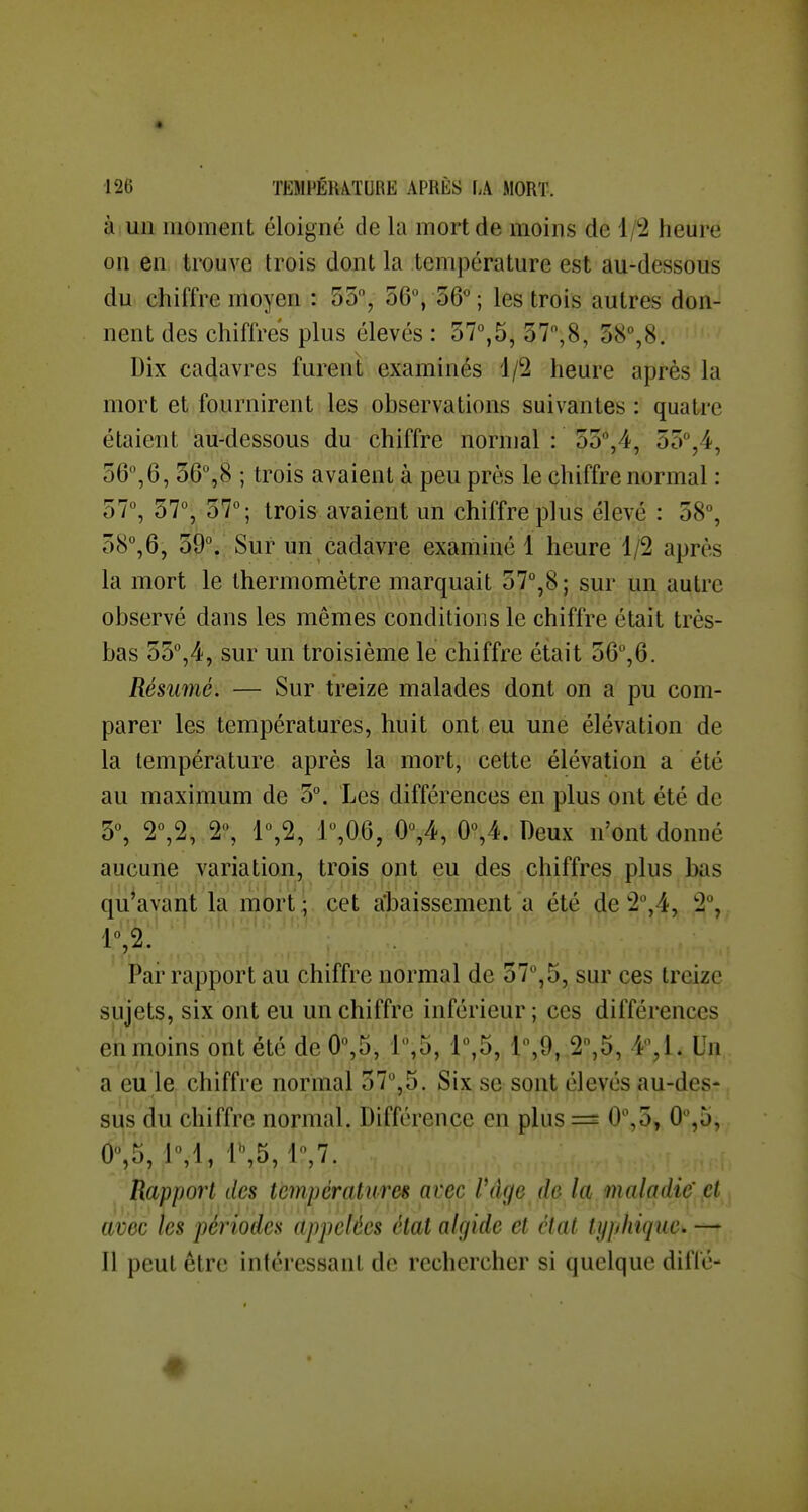 à un moment éloigné de la mort de moins de 1/2 heure on en trouve trois dont la température est au-dessous du chiffre moyen : 55, 56°, 56''; les trois autres don- nent des chiffres plus élevés : 57°,5, 57,8, 58°,8. Dix cadavres furent examinés 1/2 heure après la mort et fournirent les observations suivantes : quatre étaient au-dessous du chiffre normal : 55'',4, 55%4, 56,6, 56,8 ; trois avaient à peu près le chiffre normal : 57°, 57°, 57°; trois avaient un chiffre plus élevé : 58°, 58°,6, 59°. Sur un cadavre examiné 1 heure 1/2 après la mort le thermomètre marquait 57°,8; sur un autre observé dans les mêmes conditions le chiffre était très- bas 55°,4, sur un troisième le chiffre était 56°,6. Résumé. — Sur treize malades dont on a pu com- parer les températures, huit ont eu une élévation de la température après la mort, cette élévation a été au maximum de 5°. Les différences en plus ont été de 3°, 2°,2, 2°, 1°,2, 1°,06, 0°,4, 0°,4. Deux n'ont donné aucune variation, trois ont eu des chiffres plus bas qu'avant la mort ; cet abaissement a été de 2,4, 2°, 1°,2. Par rapport au chiffre normal de 57,5, sur ces treize sujets, six ont eu un chiffre inférieur ; ces différences enmoins ontété de0°,5, l%5, l°,5, 1°,9, 2,5, 4,1. Un a eu le chiffre normal 57°,5. Six se sont élevés au-des- sus du chiffre normal. Différence en plus =s 0°,5, 0,o, 0°,5,1°,1, r,5,1,7. Rapport des températures avec Vâge de la maladie' et avec les périodes appelées état algide et état typhique. — Il peut être intéressant de rechercher si quelque diffé- #
