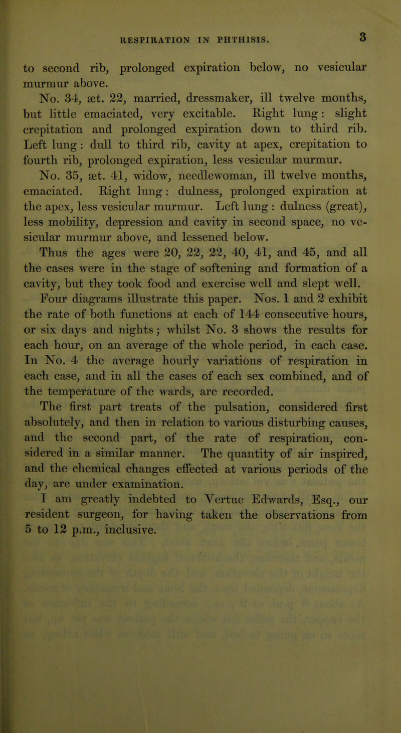 3 to second rib, prolonged expiration below, no vesicular murmur above. No. 34-, set. 22, married, dressmaker, ill twelve months, but little emaciated, very excitable. Right lung: slight crepitation and prolonged expiration down to third rib. Left lung: dull to third rib, cavity at apex, crepitation to fourth rib, prolonged expiration, less vesicular murmur. No. 35, set. 41, widow, needlewoman, ill twelve months, emaciated. Right lung: dulness, prolonged expiration at the apex, less vesicular murmur. Left lung : dulness (great), less mobility, depression and cavity in second space, no ve- sicular mm'mur above, and lessened below. Thus the ages were 20, 22, 22, 40, 41, and 45, and all the cases were in the stage of softening and formation of a cavity, but they took food and exercise well and slept well. Four diagrams illustrate this paper. Nos. 1 and 2 exhibit the rate of both functions at each of 144 consecutive hours, or six days and nights; whilst No. 3 shows the results for each hour, on an average of the whole period, in each case. In No. 4 the average hourly variations of respiration in each case, and in all the cases of each sex combined, and of the temperature of the wards, are recorded. The first part treats of the pulsation, considered first absolutely, and then in relation to various disturbing causes, and the second part, of the rate of respiration, con- sidered in a similar manner. The quantity of air inspired, and the chemical changes effected at various periods of the dav, are under examination. I am greatly indebted to Vertue Edwards, Esq., our resident surgeon, for having taken the observations from 5 to 12 p.m., inclusive.