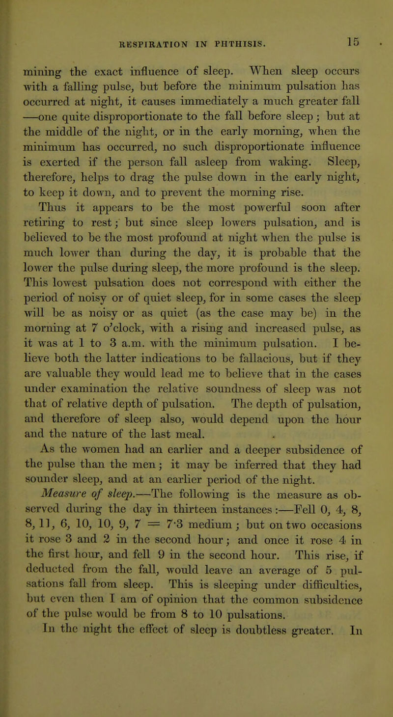 mining the exact influence of sleep. When sleep occurs with a falling pulse, but before the minimum pulsation has occurred at night, it causes immediately a much greater fall —one quite disproportionate to the fall before sleep; but at the middle of the night, or in the early morning, when the minimum has occurred, no such disproportionate influence is exerted if the person fall asleep from waking. Sleep, therefore, helps to drag the pulse down in the early night, to keep it down, and to prevent the morning rise. Thus it appears to be the most powerful soon after retiring to rest; but since sleep lowers pulsation, and is believed to be the most profound at night when the pulse is much lower than during the day, it is probable that the lower the pulse during sleep, the more profound is the sleep. This lowest pulsation does not correspond with either the period of noisy or of quiet sleep, for in some cases the sleep Avill be as noisy or as quiet (as the case may be) in the morning at 7 o'clock, with a rising and increased pulse, as it was at 1 to 3 a.m. with the minimum pulsation. I be- lieve both the latter indications to be fallacious, but if they are valuable they would lead me to believe that in the cases under examination the relative soundness of sleep was not that of relative depth of pulsation. The depth of pulsation, and therefore of sleep also, would depend upon the hour and the nature of the last meal. As the women had an earlier and a deeper subsidence of the pulse than the men; it may be infeiTed that they had sounder sleep, and at an earlier period of the night. Measure of sleejh—The following is the measure as ob- served during the day in thirteen instances:—Fell 0, 4, 8, 8,11, 6, 10, 10, 9, 7 = 73 medium; but on two occasions it rose 3 and 2 in the second hour; and once it rose 4 in the first hour, and fell 9 in the second hour. This rise, if deducted from the fall, would leave an average of 5 pul- sations fall from sleep. This is sleeping under difiiculties, but even then I am of opinion that the common subsidence of the pulse would be from 8 to 10 pulsations. In the night the effect of sleep is doubtless greater. In