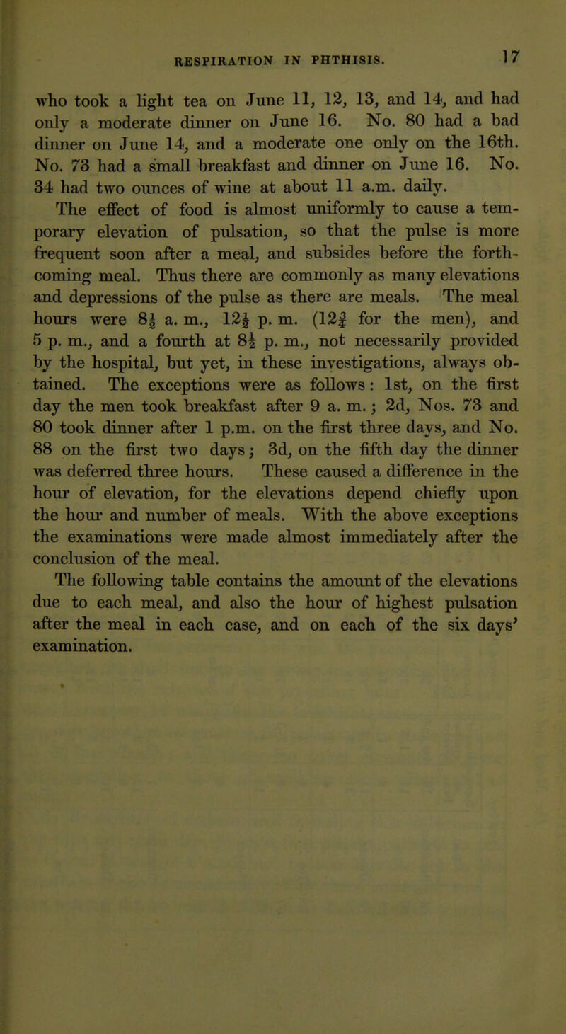 who took a liglit tea on June 11, 12, 13, and 14, and had only a moderate dinner on June 16. No. 80 had a bad dinner on June 14, and a moderate one only on the 16th. No. 73 had a small breakfast and dinner on June 16. No. 34 had two ounces of wine at about 11 a.m. daily. The effect of food is almost uniformly to cause a tem- porary elevation of pulsation, so that the pulse is more frequent soon after a meal, and subsides before the forth- coming meal. Thus there are commonly as many elevations and depressions of the pulse as there are meals. The meal hours were 8| a. m., 12| p. m. (12| for the men), and 5 p. m., and a fourth at 8^ p. m., not necessarily provided by the hospital, but yet, in these investigations, always ob- tained. The exceptions were as foUows : 1st, on the first day the men took breakfast after 9 a. m.; 2d, Nos. 73 and 80 took dinner after 1 p.m. on the first three days, and No. 88 on the first two days; 3d, on the fifth day the dinner was deferred three hours. These caused a difference in the hour of elevation, for the elevations depend chiefly upon the hour and number of meals. With the above exceptions the examinations were made almost immediately after the conclusion of the meal. The following table contains the amount of the elevations due to each meal, and also the hour of highest pulsation after the meal in each case, and on each of the six days* examination.