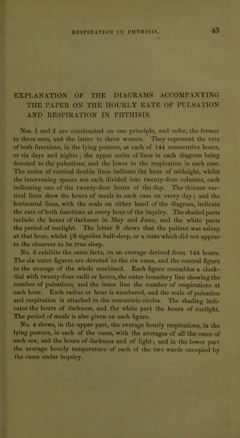 EXPLANATION OF THE DIAGRAMS ACCOMPANYING THE PAPER ON THE HOURLY RATE OF PULSATION AND RESPIRATION IN PHTHISIS. Nos. 1 and 2 are constructed on one principle, and refer, the former to three men, and the latter to three women. They represent the rate of both functions, in the lying posture, at each of 144 consecutive hours, or six days and nights ; the upper series of lines in each diagram being devoted to the pulsations, and the lower to the respiration in each case. The series of vertical double lines indicate the hour of midnight, whilst the intervening spaces are each divided into twenty-four columns, each indicating one of the twenty-four hours of the day. The thinner ver- tical lines show the hours of meals in each case on every day; and the horizontal lines, with the scale on either hand of the diagram, indicate the rate of both functions at every hour of the inquiry. The shaded parts include the hours of darkness in May and June, and the white parts the period of sunlight. The letter S shows that the patient was asleep at that hour, whilst |S signifies half-sleep, or a state which did not appear to the observer to be true sleep. No. 3 exhibits the same facts, on an average derived from 144 hours. The six outer figures are devoted to the six cases, and the central figure to the average of the whole combined. Each figure resembles a clock- dial with twenty-four radii or hours, the outer boundary line showing the number of pulsations, and the inner line the number of respirations at each hour. Each radius or hour is numbered, and the scale of pulsation and respiration is attached to the concentric circles. The shading indi- cates the hours of darkness, and the white part the hours of sunlight. The period of meals is also given on each figure. No. 4 shows, in the upper part, the average hourly respirations, in the lying posture, in each of the cases, with the averages of all the cases of each sex, and the hours of darkness and of light; and in the lower part the average hourly temperature of each of the two wards occupied by the cases under inquiry.