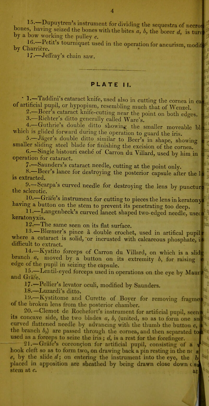 15.—Dupuytren's instrument for dividing the sequestra of necro< bones, having seized the bones with the bites a, b, the borer d, is tun' by a bow working the pulley e. u rii^';-^^^^^'^ tourniquet used in the operation for aneurism, modif by Charriere. • —JefFray's chain saw. PLATE II. m It ii •/ iiea °1 - ■ ^---Taddmi's cataract knife, used also in cutting the cornea in ca ' of artificial pupil, or h)Tpopium, resembling much that of Wenzel. 2. —Beer's cataract knife-cutting near the point on both edges. 3. —Richter's ditto generally called Ware's. 4. —Guthrie's double ditto showing the smaller moveable bl which is glided forward during the operation to guard the iris. 5. —Jager's double ditto similar to Beer's in shape, showin^r smaller sliding steel blade for finishing the excision of the cornea.° 6. —Single bistouri cache of Carron du Villard, used by him in operation for cataract. 7. --Saunders's cataract needle, cutting at the point only. 8. —Beer's lance for destroying the posterior capsule after the 1 IS extracted, 9. —Scarpa's curved needle for destroying the lens by punctui the sclerotic. 10. —Grafe's instrument for cutting to pieces the lens in keratonj having a button on the stem to prevent its penetrating too deep. 1^-—Langenbeck's curved lancet shaped two-edged needle, usee . keratonyxis. 12. —The same seen on its flat surface. 13. —Bloemer's pince a double crochet, used in artifical pupil where a cataract is solid, ^or incrusted with calcareous phosphate, i difficult to extract. 14. —Kystito forceps of Carron du Villard, on which is a sli( branch a, moved by a button on its extremity b, for raising edge of the pupil in seizing the capsule. 15. —Lentil-eyed forceps used in operations on the eye by Mauillt^' and Grafe. ly.—Pellier's levator oculi, modified by Saunders. 18.—Luzardi's ditto. l-^'—Kystitome and Curette of Boyer for removing fragm of the broken lens from the posterior chamber. 20. —Clemot de Rochefort's instrument for artificial pupil, seen, its concave side, the two blades «, b, (united, so as to form one sii curved flattened needle by advancing with the thumb the button c, the branch b,) are passed through the cornea, and then separated t used as a forceps to seize the iris; </, is a rest for the forefinger. 21. —Grafe's corconfion for artificial pupil, consisting of a i hook cleft so as to form two, on drawing back a pin resting in the n( s by the slide rf; on entering the instrument into the eye, the h placed in apposition are sheathed by being drawn close down c sa stem at c. at