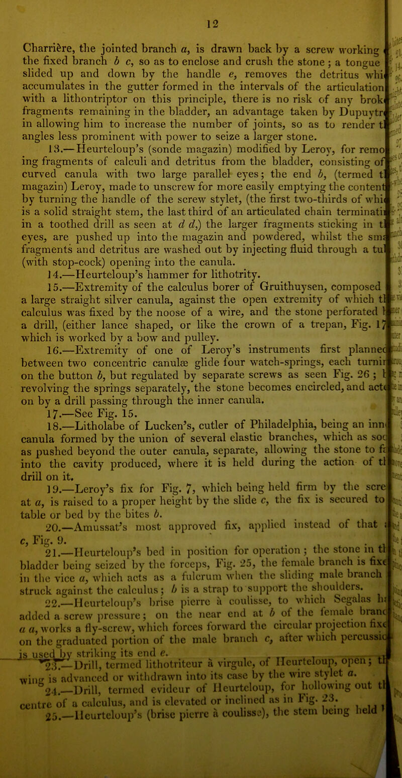 14. ,1' -I Charri^re, the jointed branch a, is drawn back hy a screw working the fixed branch b c, so as to enclose and crush the stone ; a tongue slided up and down by the handle e, removes the detritus whl accumulates in the gutter formed in the intervals of the articulation with a lithontriptor on this principle, there is no risk of any brok fragments remaining in the bladder, an advantage taken by Dupuytri in allowing him to increase the number of joints, so as to render t angles less prominent with power to seize a larger stone. 13. — Heurteloup's (sonde magazin) modified by Leroy, for remo ing fragments of calculi and detritus from the bladder, consisting of curved canula with two large parallel eyes; the end 6, (termed magazin) Leroy, made to unscrew for more easily emptying the content by turning the handle of the screw stylet, (the first two-thirds of whi( is a solid straight stem, the last third of an articulated chain terminatii in a toothed drill as seen at d d,) the larger fragments sticking in eyes, are pushed up into the magazin and powdered, whilst the smj fragments and detritus are washed out by injecting fluid through a tu (with stop-cock) opening into the canula. 14. —Heurteloup's hammer for lithotrity. 15. —Extremity of the calculus borer of Gruithuysen, composed a large straight silver canula, against the open extremity of which tl calculus was fixed by the noose of a wire, and the stone perforated \ a drill, (either lance shaped, or like the crown of a trepan. Fig. Ij tinii which is worked by a bow and pulley. 16. —Extremity of one of Leroy's instruments first plannec between two concentric canulee glide four watch-springs, each tumii tronj on the button b, but regulated by separate screws as seen Fig. 26 ; I k' li revolving the springs separately, the stone becomes encircled, and act( teiii on by a drill passing through the inner canula. yan 17. —See Fig. 15. 18. —Litholabe of Lucken's, cutler of Philadelphia, being an inni ; canula formed by the union of several elastic branches, which as sot ; as pushed beyond the outer canula, separate, allowing the stone to ft into the cavity produced, where it is held during the action of tl (otc drill on it. H 19. —Leroy's fix for Fig. 7, which being held firm l)y the sere! ; at a, is raised to a proper height by the slide c, the fix is secured tOj ^ table or bed by the bites b. !iej 20. —Amussat's most approved fix, applied instead of that i ^ c, Fig. 9. , • 1 h< 21. —Heurteloup's bed in position for operation; the stone in tl bladder being seized by the forceps, Fig. 25, the female branch is fixr^ in the vice a, which acts as a fulcrum when the sliding male branch struck against the calculus; A is a strap to support the shoulders. Wk^^ 22. —Heurteloup's brise pierre a coulisse, to which Segalas hjj added a screw pressure; on the near end at b of the female l'randl|^j^^ a a, works a fly-screw, which forces forward the circular projection fixr on the graduated portion of the male branch c, after which percussr is useclln' striking its end e. . ^ tt i ' '^^Drill, termed lithotriteur a virgule, of Ileurteloup, open; Winn is advanced or withdrawn into its case by the wire stylet a. 24. —Drill, termed evidcur of Heurtcloup, for hollowing out t centre of a calculus, and is elevated or inclined as in Fig. 23. 25. —Heurteloup's (brise picrre a coulisse), the stem being held »■