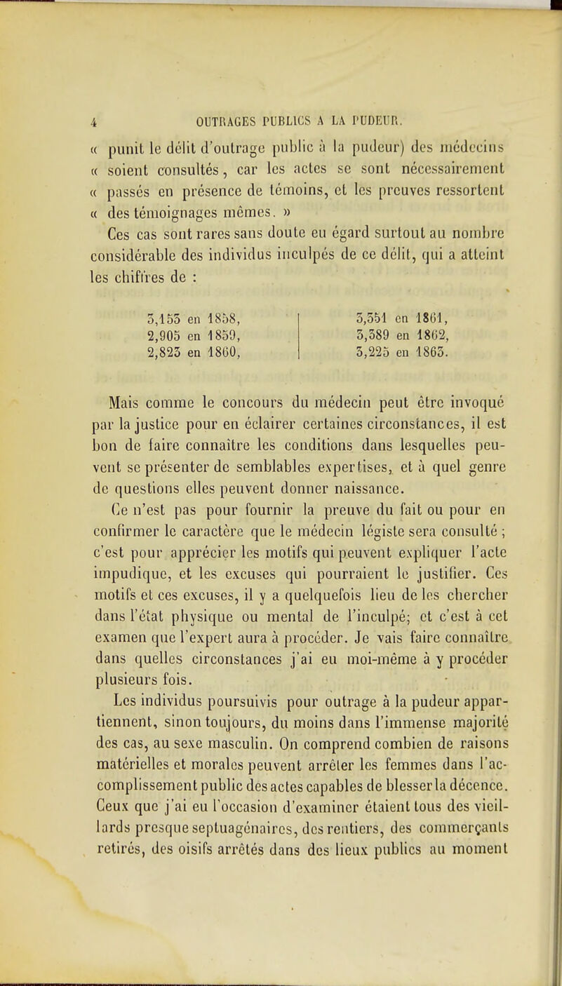 « punit le délit d'outrage public à la pudeur) des médecins « soient consultés, car les actes se sont nécessairement « passés en présence de témoins, et les preuves ressortent « des témoignages mêmes. » Ces cas sont rares sans doute eu égard surtout au nombre considérable des individus inculpés de ce délit, qui a atteint les chiffres de : 5,155 en 1858, 5,551 en 1801, 2,905 en 1859, 5,589 en 1802, 2,825 en 1800, 5,225 en 1865. Mais comme le concours du médecin peut être invoqué par la justice pour en éclairer certaines circonstances, il est bon de laire connaître les conditions dans lesquelles peu- vent se présenter de semblables e.xpertises, et à quel genre de questions elles peuvent donner naissance. Ce n'est pas pour fournir la preuve du fait ou pour en confirmer le caractère que le médecin légiste sera consulté ; c'est pour apprécier les motifs qui peuvent expliquer l'acte impudique, et les excuses qui pourraient le justifier. Ces motifs et ces excuses, il y a quelquefois lieu de les chercher dans l'état physique ou mental de l'inculpé; et c'est à cet examen que l'expert aura à procéder. Je vais faire connaître dans quelles circonstances j'ai eu moi-même à y procéder plusieurs fois. Les individus poursuivis pour outrage à la pudeur appar- tiennent, sinon toujours, du moins dans l'immense majorité des cas, au sexe mascuUn. On comprend combien de raisons matérielles et morales peuvent arrêter les femmes dans l'ac- complissement public des actes capables de blesser la décence. Ceu.K que j'ai eu l'occasion d'examiner étaient tous des vieil- lards presque septuagénaires, des rentiers, des commerçants retirés, des oisifs arrêtés dans des lieux publics au moment