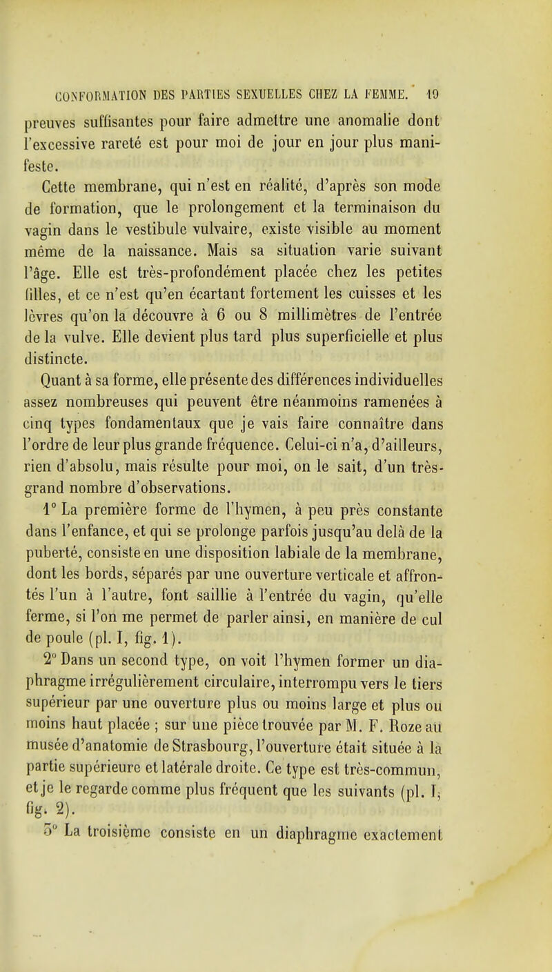 preuves suffisantes pour faire admettre une anomalie dont l'excessive rareté est pour moi de jour en jour plus mani- feste. Cette membrane, qui n'est en réalité, d'après son mode de formation, que le prolongement et la terminaison du vagin dans le vestibule vulvaire, existe visible au moment même de la naissance. Mais sa situation varie suivant l'âge. Elle est très-profondément placée chez les petites filles, et ce n'est qu'en écartant fortement les cuisses et les lèvres qu'on la découvre à 6 ou 8 millimètres de l'entrée de la vulve. Elle devient plus tard plus superficielle et plus distincte. Quant à sa forme, elle présente des différences individuelles assez nombreuses qui peuvent être néanmoins ramenées à cinq types fondamentaux que je vais faire connaître dans l'ordre de leur plus grande fréquence. Celui-ci n'a, d'ailleurs, rien d'absolu, mais résulte pour moi, on le sait, d'un très- grand nombre d'observations. 1° La première forme de l'hymen, à peu près constante dans l'enfance, et qui se prolonge parfois jusqu'au delà de la puberté, consiste en une disposition labiale de la membrane, dont les bords, séparés par une ouverture verticale et affron- tés l'un à l'autre, font saillie à l'entrée du vagin, qu'elle ferme, si l'on me permet de parler ainsi, en manière de cul de poule (pl. I, fig. 1). 2 Dans un second type, on voit l'hymen former un dia- phragme irrégulièrement circulaire, interrompu vers le tiers supérieur par une ouverture plus ou moins large et plus ou moins haut placée ; sur une pièce trouvée par M. F. Rozeati musée d'anatomie de Strasbourg, l'ouverture était située à la partie supérieure et latérale droite. Ce type est très-commun, et je le regarde comme plus fréquent que les suivants (pl. 1^ fig.^2). o La troisième consiste en un diaphragme exactement