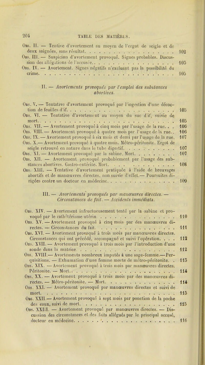 Obs. II. — Tciilive d'avortement au moyen de l'crgol de seigle et de deux saignées, sans résultai 102 Obs. III.— Suspicion d'avorlemenl provoqué. Signes probables. Discus- sion des a!lc'g;ilions c!e l'accusée 103 Obs. IV. — Avortement. Signes négatifs n'excluant pas la possibilité du crime 105 H. — Avortements provoqués par l'emploi des substances aborlives. Obs. V.— Tentative d'avortement provoqué par l'ingestion d'une décoc- tion de feuilles d'if 105 Obs. VI. — Tentative d'avortement au moyen du suc d'il', suivie de mort 105 Obs. VII. — Avortement provoqué à cinq mois par l'usage de la rue. . . lOt) Obs. VIII.— Avortement provoqué à quatre mois par l'usage de la rue.. i06 Obs. IX.— Avorlement provoqué à six mois et demi par l'usage de la rue. 107 Obs. X.— Avortement provoqué à quatre mois. Métro-péritonite. Ergot de seigle retrouvé en nature dans le lube digestif 107 Obs. XI. — Avortement provoqué par la sabine. Mort 107 Obs. XII. — Avorlement provoque probablement par l'usage des sub- stances aborlives. Gastro-entérite. Mort 108 Obs. XIII. — Tentative d'avortement pratiquée à l'aide de breuvages aborlifs et de manœuvres directes, non suivie d'effet.— Poursuites di- rigées contre un docteur en médecine 109 III. — Avortements provoqués par manœuvres directes. — Circonstances de fait. — Accidents immédiats. Obs. XIV. — Avortement infructueusement tenté par la sahine et pro- voqué par le calbétérisme utérin 110 Obs. XV. — Avorlement provoqué à cinq mois par des manœuvres di- rectes. — Circonstances du fait , , 111 Obs. XVI. — Avorlement provoqué à trois mois par manœuvres directes. Circonstances qui ont précédé, accompagné et suivi l'opération. . . . 112 Obs. XVII. — Avortement provoqué à trois mois par l'introduction d'une sonde dans la matrice 112 Obs. XVIII.— Avorlecneiits nombreux imputés à une sage-femme-—Per- quisitions. — Exhumation d'une femme morte de métro-péritonite. . 113 0ns. XIX. — Avorlement provoqué à trois mois par manœuvres directes. Péritonite. — Mort 114 Obs. XX. — Avortement provoqué à trois mois par des manœuvres di- rectes. — Métro-péritonite. — Mort 114 Obs. XXI. — Avortement provoqué par manœuvres directes et suivi de mort 115 Obs. XXII.— Avortement provoqué à sept mois par ponction de la poche des eaux, suivi de mort 115 Obs. XXIII. — Avorlement provoqué par manœuvres directes. — Dis- cussion des circonstances et des faits allégués par le principal accusé, docteur en médecine ' 116