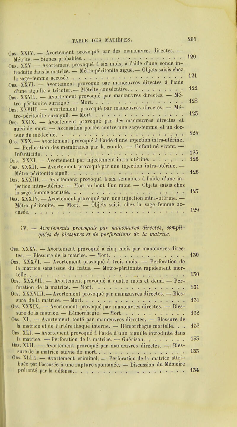 Ubs. XXIV. — Avorle;iient provoqué pur des manœuvres directes. — Métrite. — Signes probables • • • ;, • • * •. ' Obs XXV. — Avoiieme.nl provoqué à six mois, a 1 aide d une sonde in- troduite dans la matrice. — Métro-péritonite aiguë.— Objets saisis chez la sage-femme accusée • ' \ *„' j* Obs. XXVI. Avortement provoqué par manœuvres directes a laide d'une aiguille à tricoter. — Métrite consécutive 122 Obs. XXYII. — Avortement provoqué par manœuvres directes. — Mé- tro-péritonite suraiguë.— Mort • • 122 Obs. XXVIII — Avortement provoqué par manœuvres directes, — Me- tro-péntonite suraiguë. — Mort 123 Obs. XXIX. — Avortement provoqué par des manœuvres directes et suivi de mort. — Accusation portée contre une sage-femme et un doc- teur de médecine .■'*'*.** Obs. XXX. — Avortement provoqué à l'aide d'une injection intra-utérine. Perforation des membranes par la canule. — Enfant né vivant. — Infanticide • 125 Obs. XXXI.— Avortement par injectement intra -utérine 126 Obs. XXXIï. — Avortement provoqué par une injection inlra-utérine. — Métro-péritonite aiguë 126 Obs. XXXIU. — Avortement provoqué à six semaines à l'aide d'une in- jection intra-utérine. — Mort au bout d'un mois. — Objets saisis chez la sage-femme accusée 127 Obs. XXXIV. — Avortement provoqué par une injection inlra-utérine. — Métro-péritonite. — Mort. — Objets saisis chez la sage-femme ac- 129 cusee. IV. — Avortement s provoqués par manœuvres directes, compli- quées de blessures et de perforations de la matrice. Obs. XXXY. — Avortement provoqué à cinq mois par manœuvres direc- tes. — Blessure de la matrice. — Mort 130 Obs. XXXVI. — Avortement provoqué à trois mois. — Perforation de la matrice sans issue du fœtus. — Métro-péritonite rapidement mor- telle 130 Obs. XXXVII. — Avortement provoqué à quatre mois et demi. — Per- foration de la matrice. — Mort 131 Obs. XXXVIIl. — Avortement provoqué par manœuvres directes. — Bles- sure de la matrice. — Mort 151 Obs. XXXIX. — Avortement provoqué par manœuvres directes. — Bles- sure de la matrice. — Hémorrhagie. — Mort 132 Obs. XL. — Avortement tenté par manœuvres directes. — Blessure de la matrice et de l'artère iliaque interne. — Hémorrhagie mortelle. . . 132 Obs. XLI. —Avortement provoqué à l'aide d'une aiguille introduite dans la matrice. — Perforation de la matrice. — Guérison. 153 Obs. XLII. — Avortement provoqué par manœuvres directes. — Bles- sure de In matrice suivie de mort 135 Obs. XLlIl. — Avortement criminel. — Perforation de la matrice attri- buée par l'accusée à une rupture spontanée. — Discussion du Mémoire pré:;enté par la défense 134