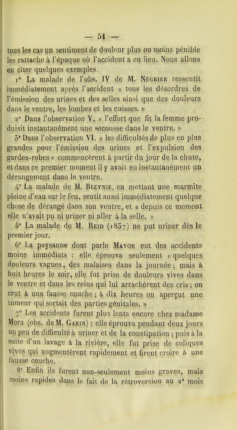 tous les cas yn sentiment de douleur plus pu n^pins pénible les rattache à l'époque où l'accident a eu lieu. l^Jpus j^Uons en citer quelques exemples, 1° La malade de l'obs. IV de M. Négrier ressentit immédiatement après l'accident « tous les désordres (le l'émission des urines et des selles ainsi que des douleurs dans le ventre, les lombes et les cuisses. » 2° Dans l'observation Y, « l'effort que fit la femme pro- duisit instantq.nément une secousse dan? le ventre. » 3* Dans l'observation VI, « les difficultés (le plus en plus grandes pour l'émission des urines et l'expulsion des gardes-robes » commencèrent à partir du jour de la chute, et dans ce premier moment il y ^vait eu instantanément un dérangement dans le ventre. 4° La malade de M* Bleyp^ie, ei^ mettant une mq,rmite pleine d'eau sur le feu, sentit aussi immédiatement quelque chose de dérangé dans son ventre, et « depuis ce moment elle n'avait pu n| uriner ni aller à la sellp, » 5° La malade de M. Reid (1837) P^t uriner dès le premier jour. 6° La paysanne dont parle Mayqr eut des accidents moins immédiats : elle éprouva seulement « quelques douleurs vagues, 4^8 malaises dans la journée^ mais à huit heures le spir, elle fut prise de douleurs vives dans le veptre et dans les reips qui lui arrachèrent des cris ; on crut à une fat^sse cpuche ; à dix heures on aperçut une tumeur qpi sortait des parties génitales. » 7° Les accidents furent plus lents encore chez madame Mora (obs. de M. Ga^in) : elle éprouva pendant deux jours uq peu de difficulté à uriner et de la copstipation ; puis à la suite d'un lavage à la rivière, elle fut prise de coliques vives qui augmentèrent rapidement et firent croire une fausse couche. 8° Enfin ils furent non-seulement moins graves, mais moins rapides dans le fait de la rétroversion au a« mois