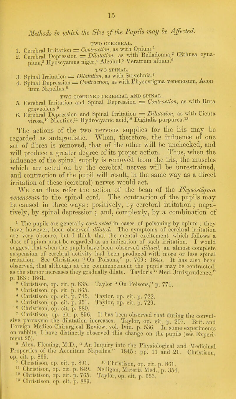 Methods in which the Size of the Pupils may he Affected. TWO CEREBRAL. 1. Cerebral Irritation = Contraction, as with Opium.i 2 Cerebral Depression = Dilatation, as with Belladonna,^ CEthusa cyna- piuni,3 riyoscyamua niger,* Alcohol,^ Veratrum album.s TWO SPINAL. 3. Spinal Irritation = Dilatation, as with Strychnia.^ 4. Spinal Depression = Conti-actton, as with Physostigma venenosum, Aeon itum Napellus.8 TWO COMBINED CEREBRAL AND SPINAL. 5. Cerebral Irritation and Spinal Depression = Contraction, as with Ruta graveolens.* 6. Cerebral Depression and Spinal Irritation = Dilatation, as with Cicuta virosa, Nicotine, Hydrocyanic acid,^^ Digitalis purpiirea.^^ The actions of tlie two nervous supplies for tlie iris may he regarded as antagonistic. When, therefore, the influence of one set of fibres is removed, that of the other will be unchecked, and will produce a greater degree of its proper action. Thus, when the influence of the spinal supply is removed from the iris, the muscles which are acted on by the cerebral nerves will be unrestrained, and contraction of the pupil will result, in the same way as a direct irritation of these (cerebral) nerves would act. We can thus refer the action of the bean of the Physostigma venenosum to the spinal cord. The contraction of the pupils may be caused in three ways: positively, by cerebral irritation ; nega- tively, by spinal depression ; and, complexly, by a combination of 1 The pupils are generally contracted in cases of poisoning by opium ; they have, however, been observed dilated. The symptoms of cerebral irritation are very obscure, but I think that the mental excitement Avhicli folloAvs a dose of opium must be regarded as an indication of such irritation. I would suggest that when the pupils have been observed dilated, an almost complete suspension of cerebral activity had been produced with more or less spinal irritation. See Christison  On Poisons, p. 709: 1845. It has also been observed, that although at the commencement the pupils may be contracted, as the stupor increases they gradually dilate. Tayloi-'s  Med. Jurisprudence, p. 183: 18G1. 2 Christison, op. cit. p. 835. Taylor  On Poisons, p. 771. ^ Christison, op. cit, p. 865. * Christison, op. cit. p. 745. Taylor, op. cit. p. 722. ' Christison, op. cit. p. 951. Taylor, op. cit. p. 729.  Christison, op. cit. p. 880. ' Christison, op. cit. p. 896. It has been observed that during the convul- sive paroxysm the dilatation increases. Taylor, op. cit. p. 207. Brit, and Foreign Medico-Chirurgical Review, vol. Iviii. p. 536. In some experiments on rabbits, I have distinctly observed this change on the pupils (see Experi- ment 25). 8 Alex. Fleming, M.D.,  An Inquiry into the Physiological and Medicinal Properties of the Aconituni Napellus. 1845: pp. 11 and 21. Christison op. cit. p. 869. ' n Christison, op. cit. p. 891. Christison, op. cit. p. 861.  Christison, op. cit. p. 849. Nclligan, Materia Med., p. 354. J2 Christison, op. cit. p. 765. Taylor, op. cit. p. 653. Cliristison, op. cit. p. 889.